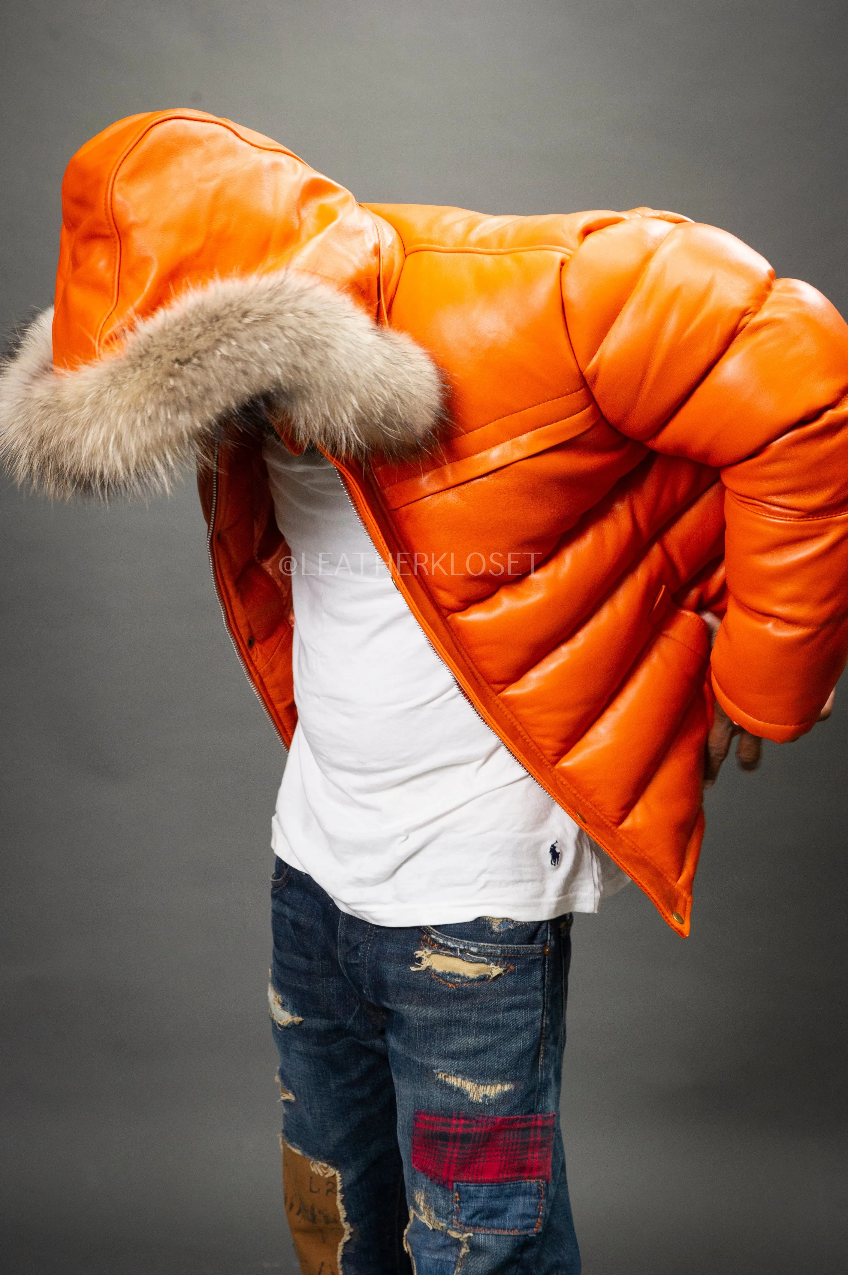 Men’s Alpine Leather Bubble Bomber Jacket [Orange]