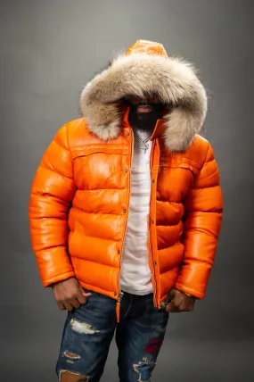 Men’s Alpine Leather Bubble Bomber Jacket [Orange]