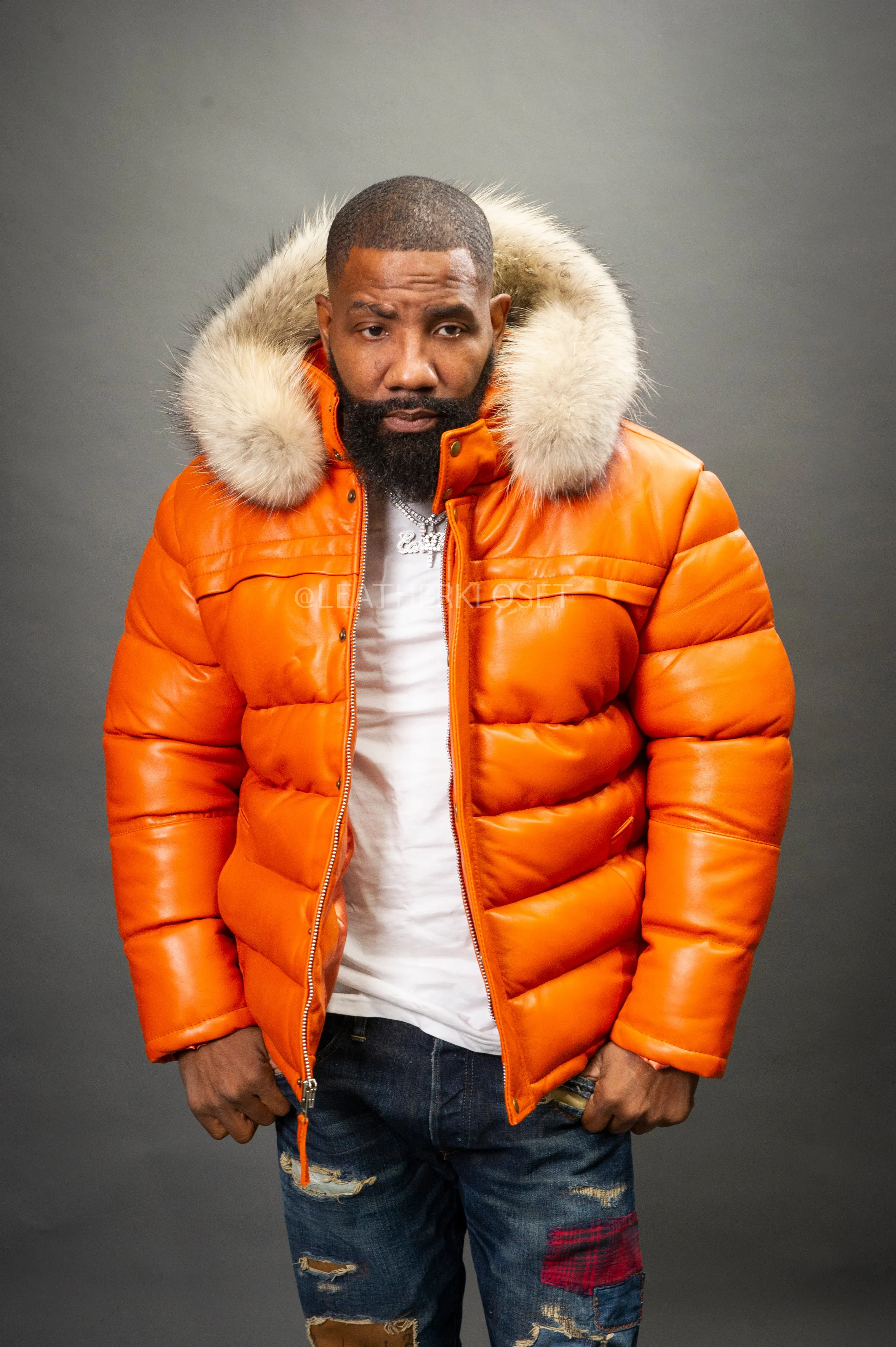 Men’s Alpine Leather Bubble Bomber Jacket [Orange]