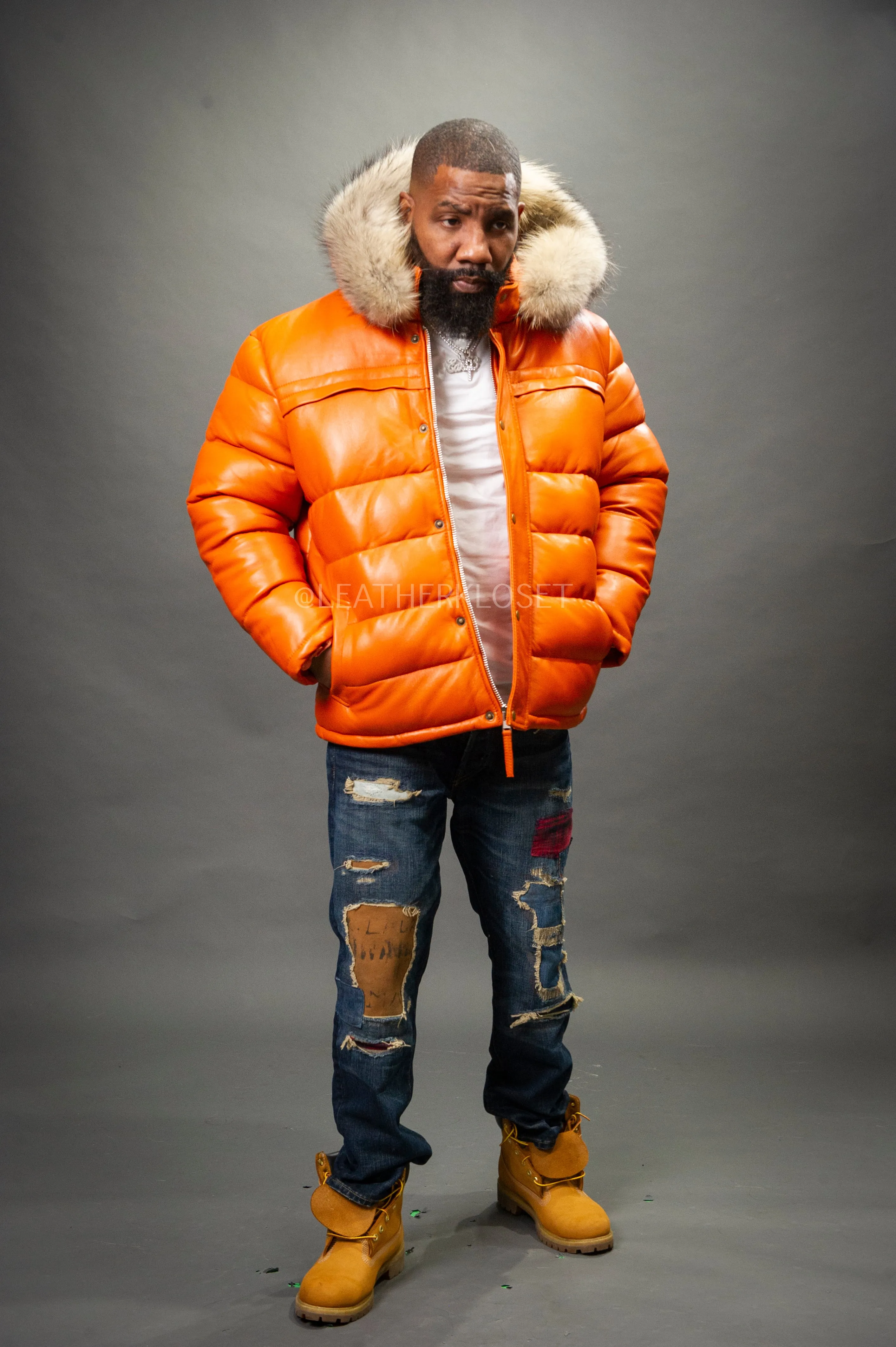 Men’s Alpine Leather Bubble Bomber Jacket [Orange]