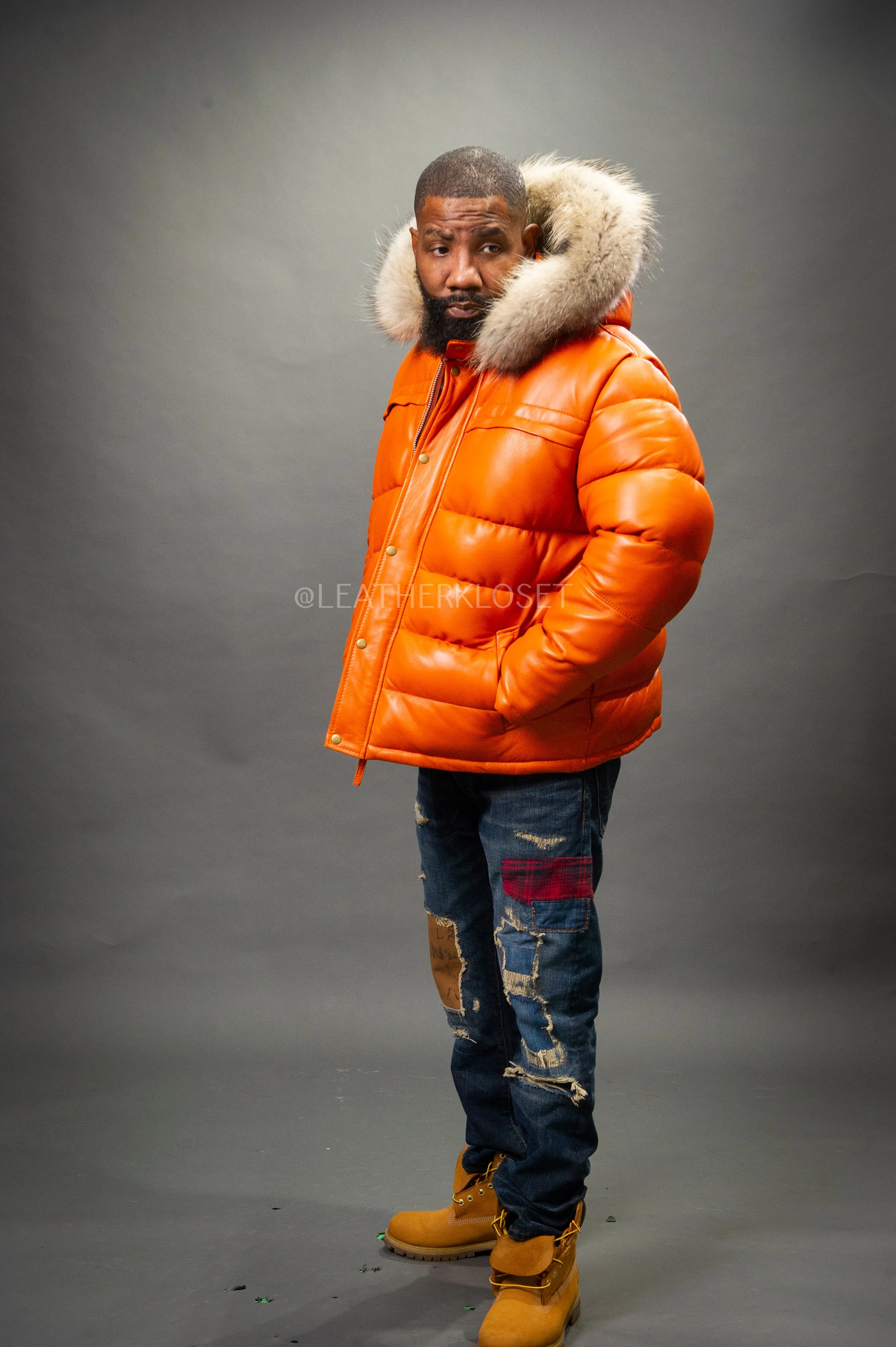 Men’s Alpine Leather Bubble Bomber Jacket [Orange]