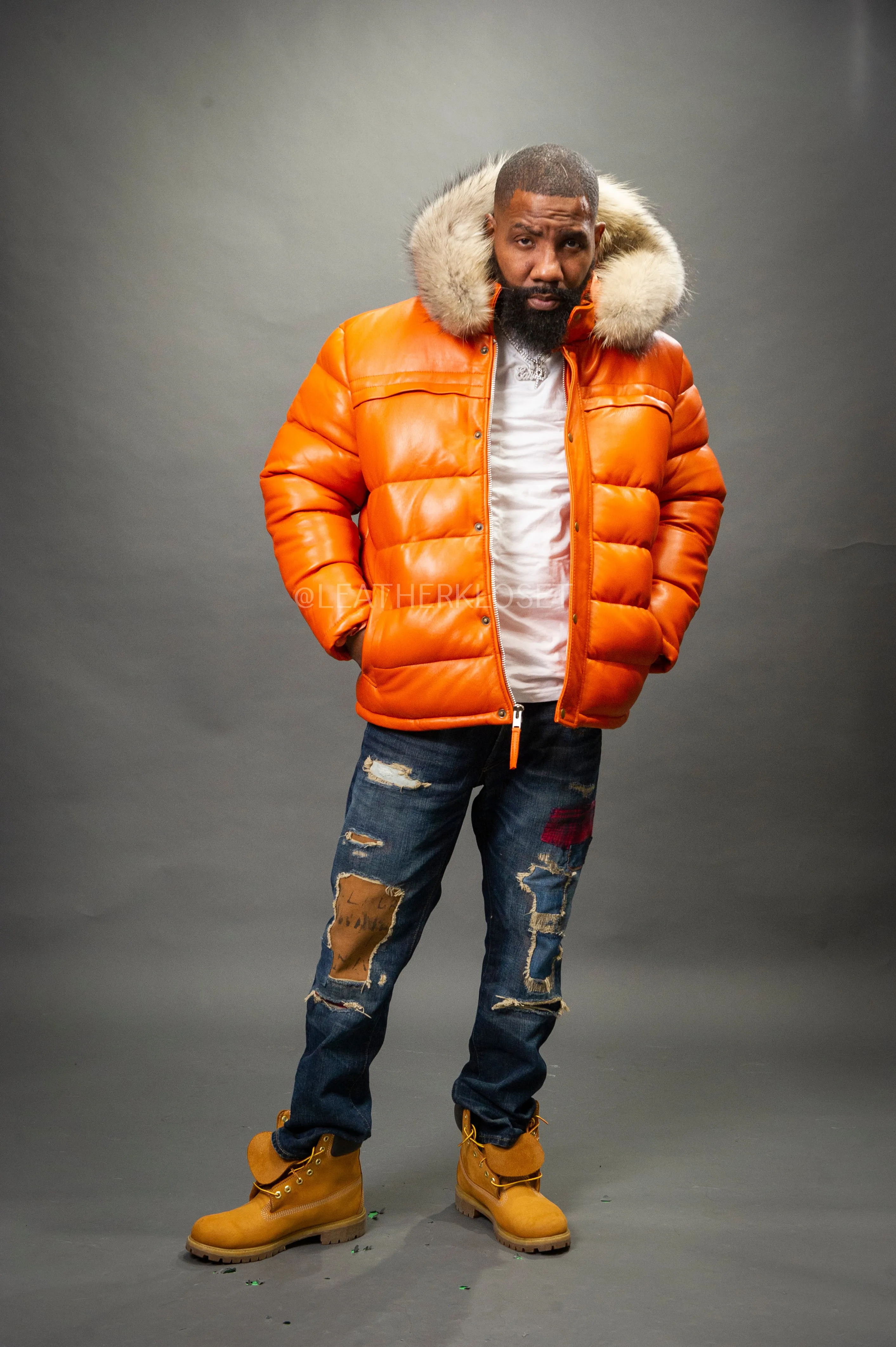 Men’s Alpine Leather Bubble Bomber Jacket [Orange]