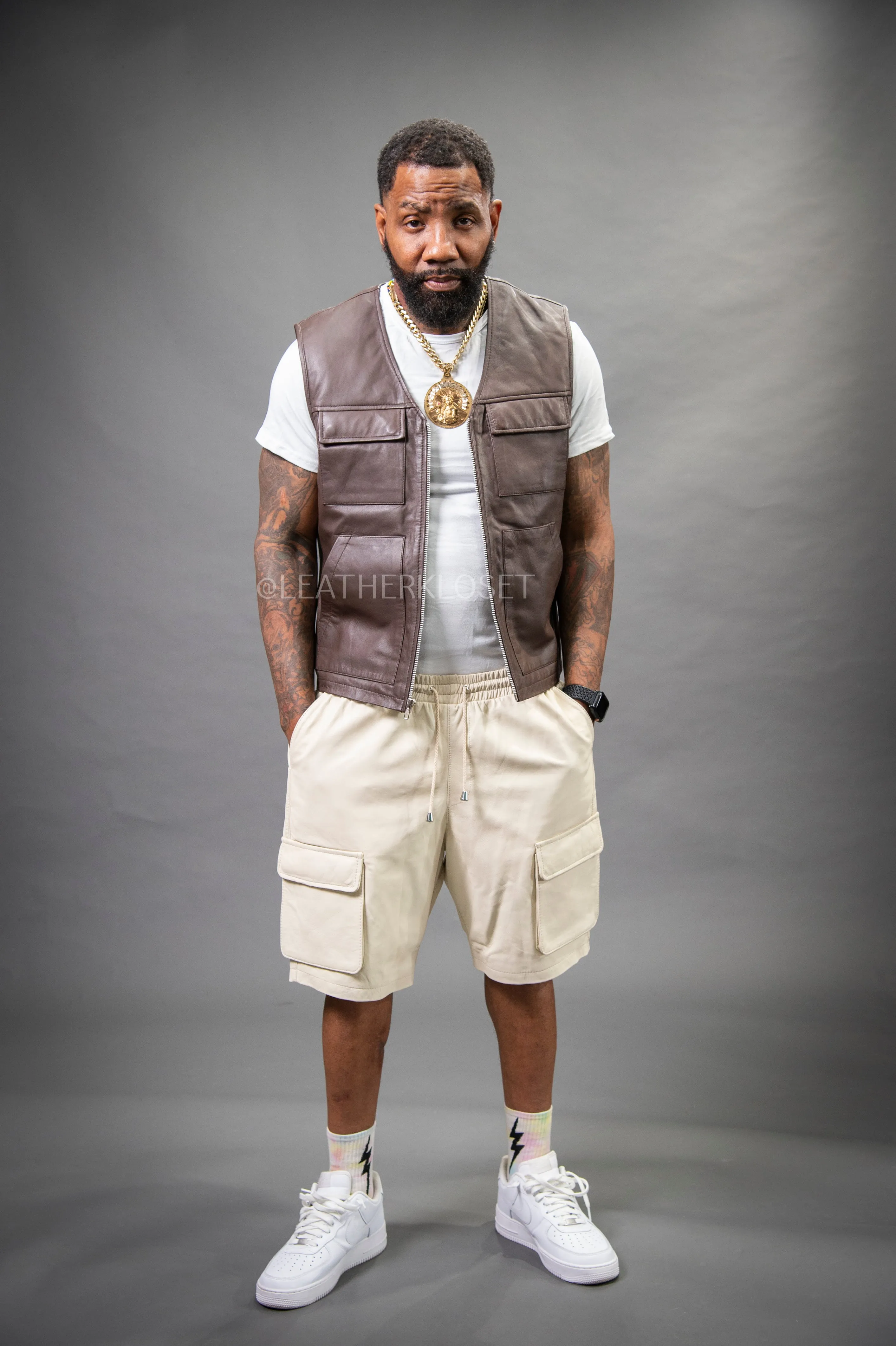 Men's Bless Set Leather Vest & Leather Cargo Shorts [Chocolate/Beige]