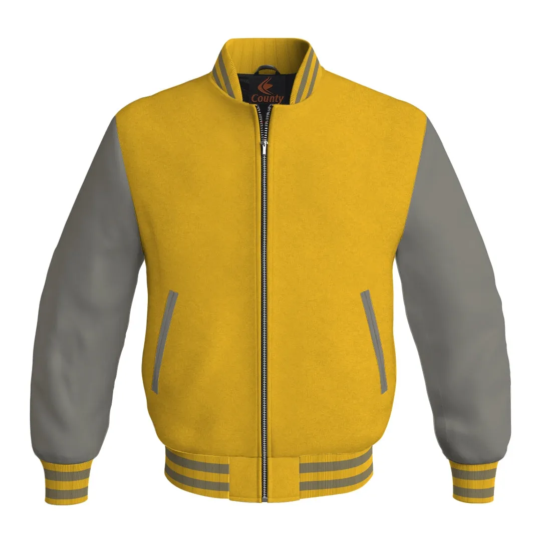 Mens Bomber Jacket Yellow/Gold Body and Gray Leather Sleeves Bomber Jacket