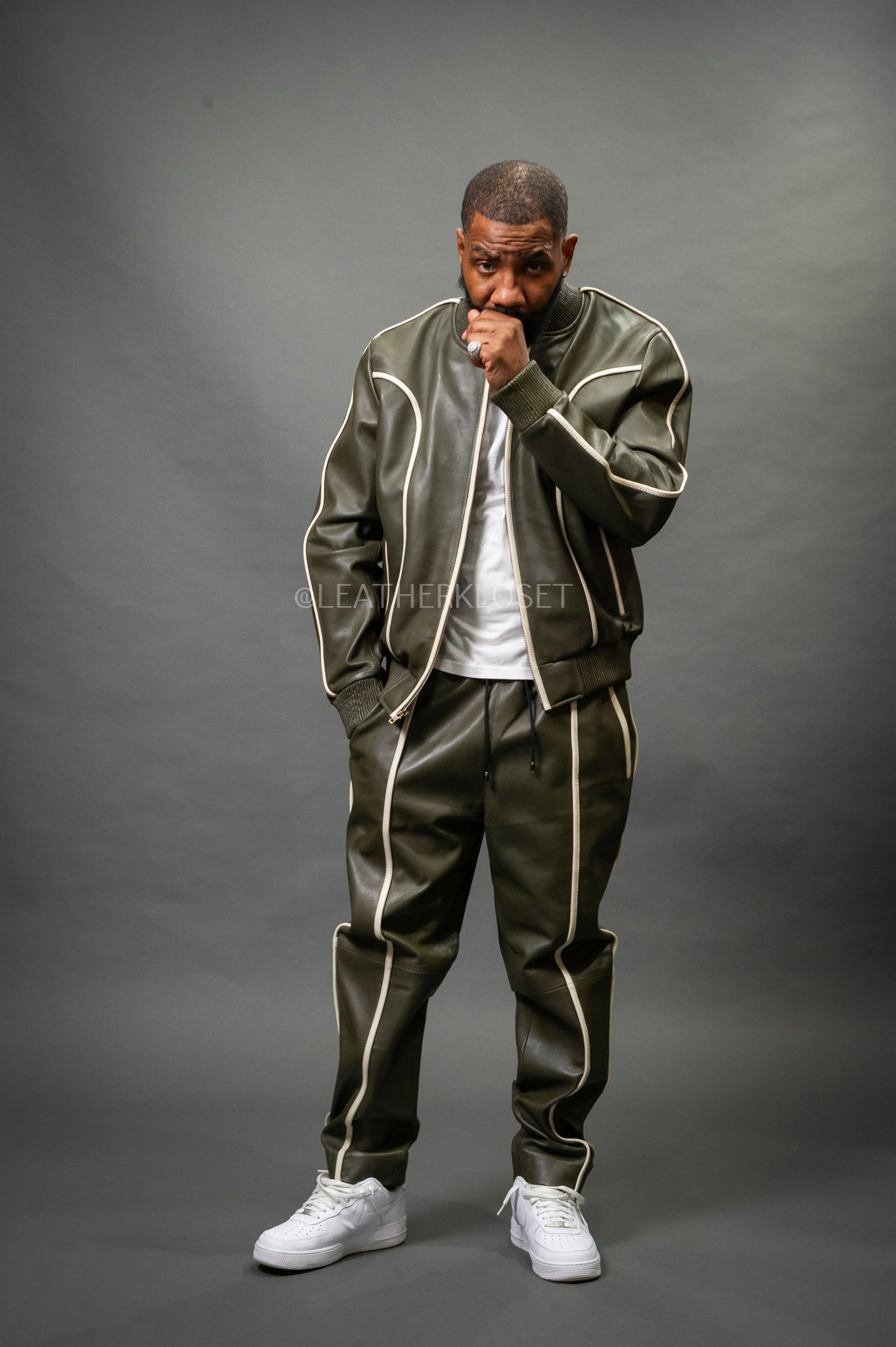 Men's Brayden Leather Track Suit Sweatsuit [Olive/Beige]