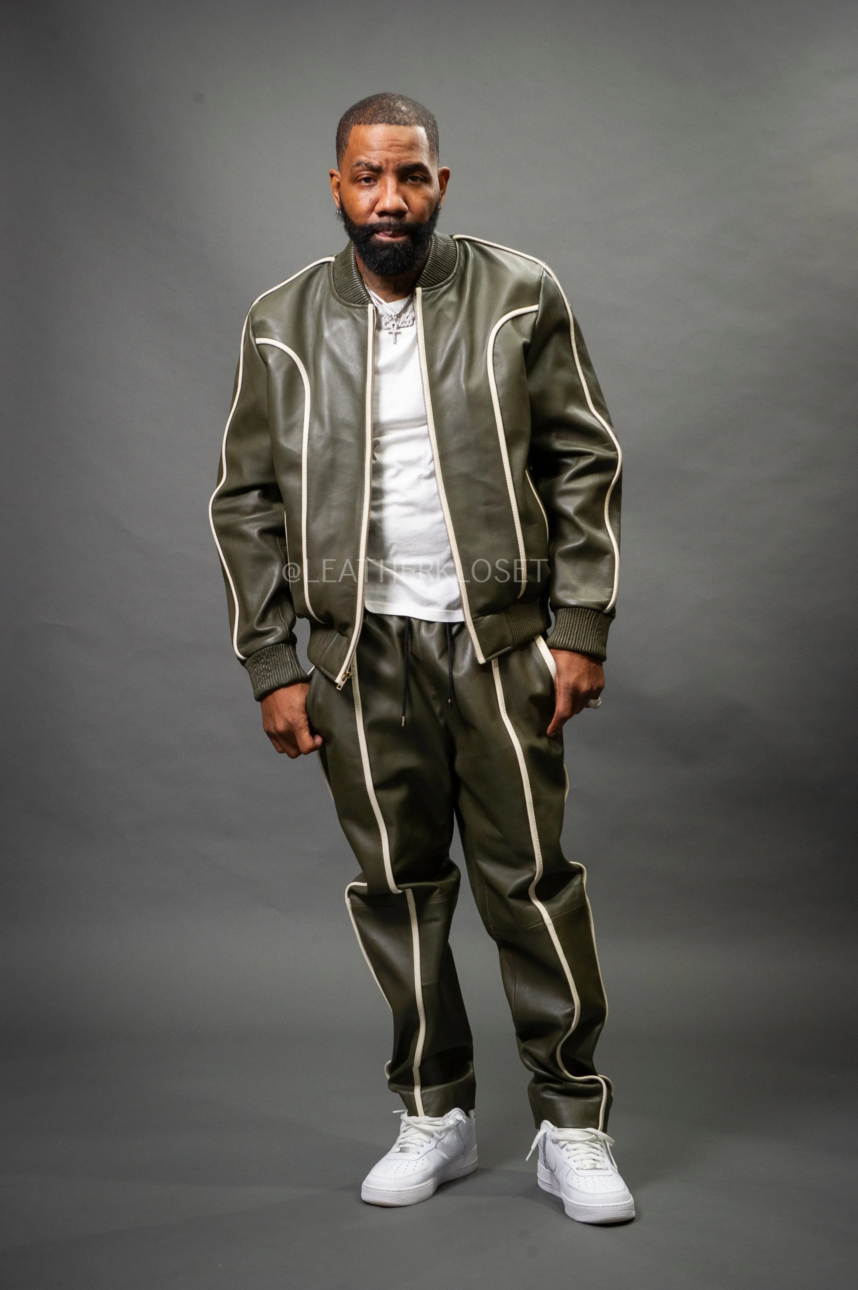 Men's Brayden Leather Track Suit Sweatsuit [Olive/Beige]