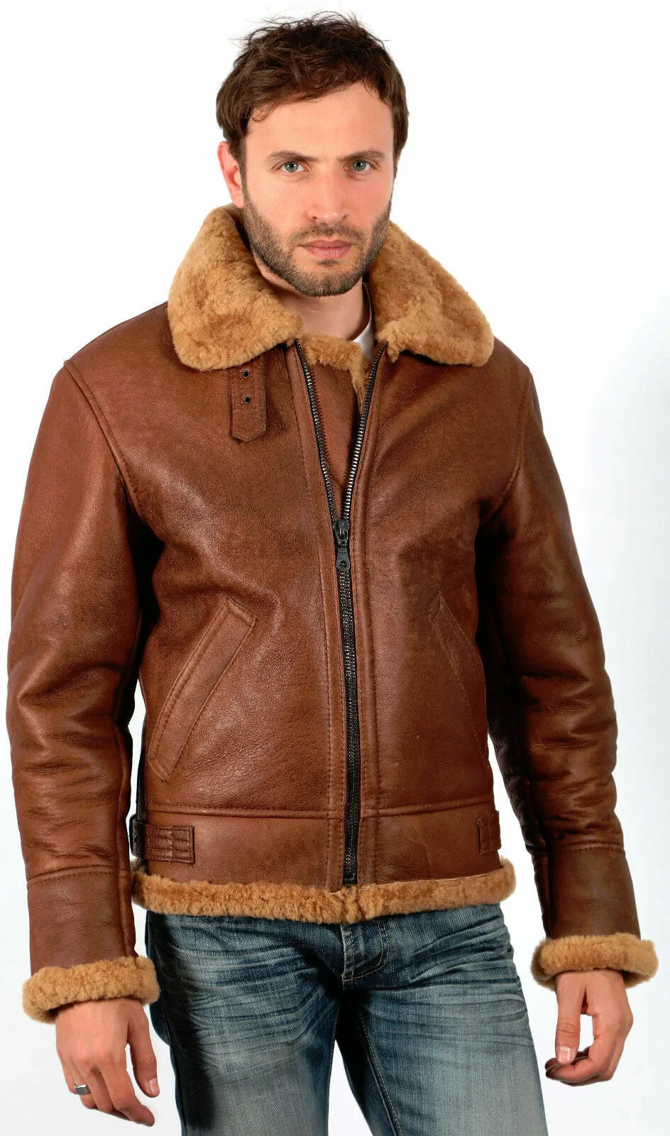 Men's Brown Aviator Genuine Shearling Leather Bomber Jacket - Fur Collar Upper Coat