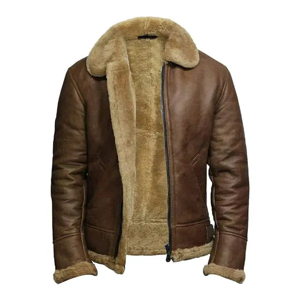 Men's Brown Vintage Faux Shearling Bomber Leather Jacket