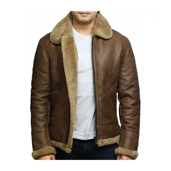 Men's Brown Vintage Faux Shearling Bomber Leather Jacket