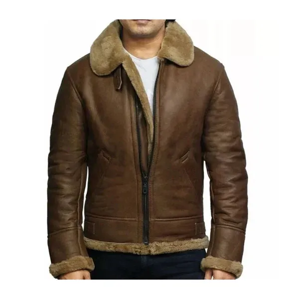 Men's Brown Vintage Faux Shearling Bomber Leather Jacket