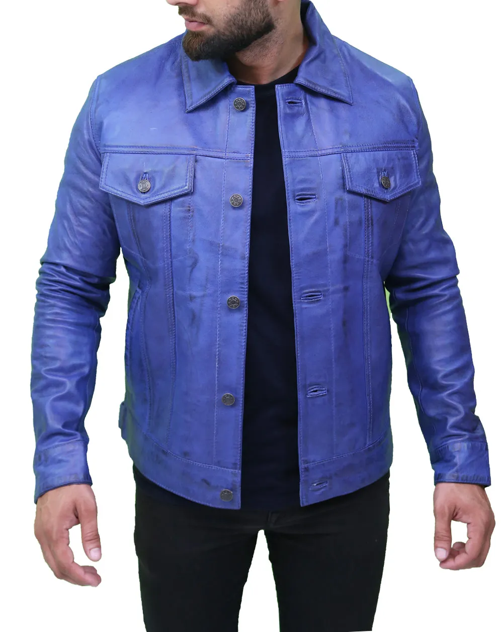 Men's Classic Blue Real Leather Trucker Jacket