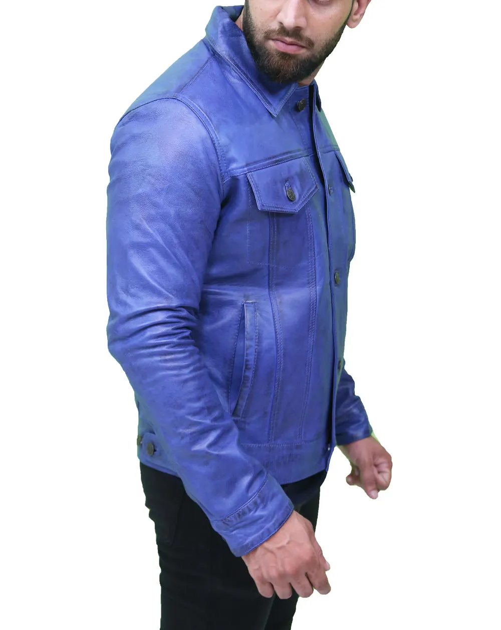 Men's Classic Blue Real Leather Trucker Jacket