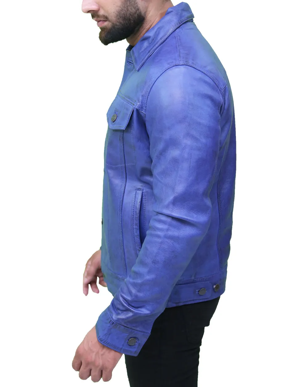 Men's Classic Blue Real Leather Trucker Jacket