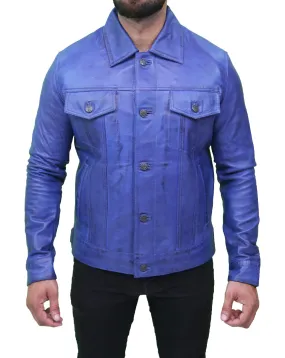 Men's Classic Blue Real Leather Trucker Jacket