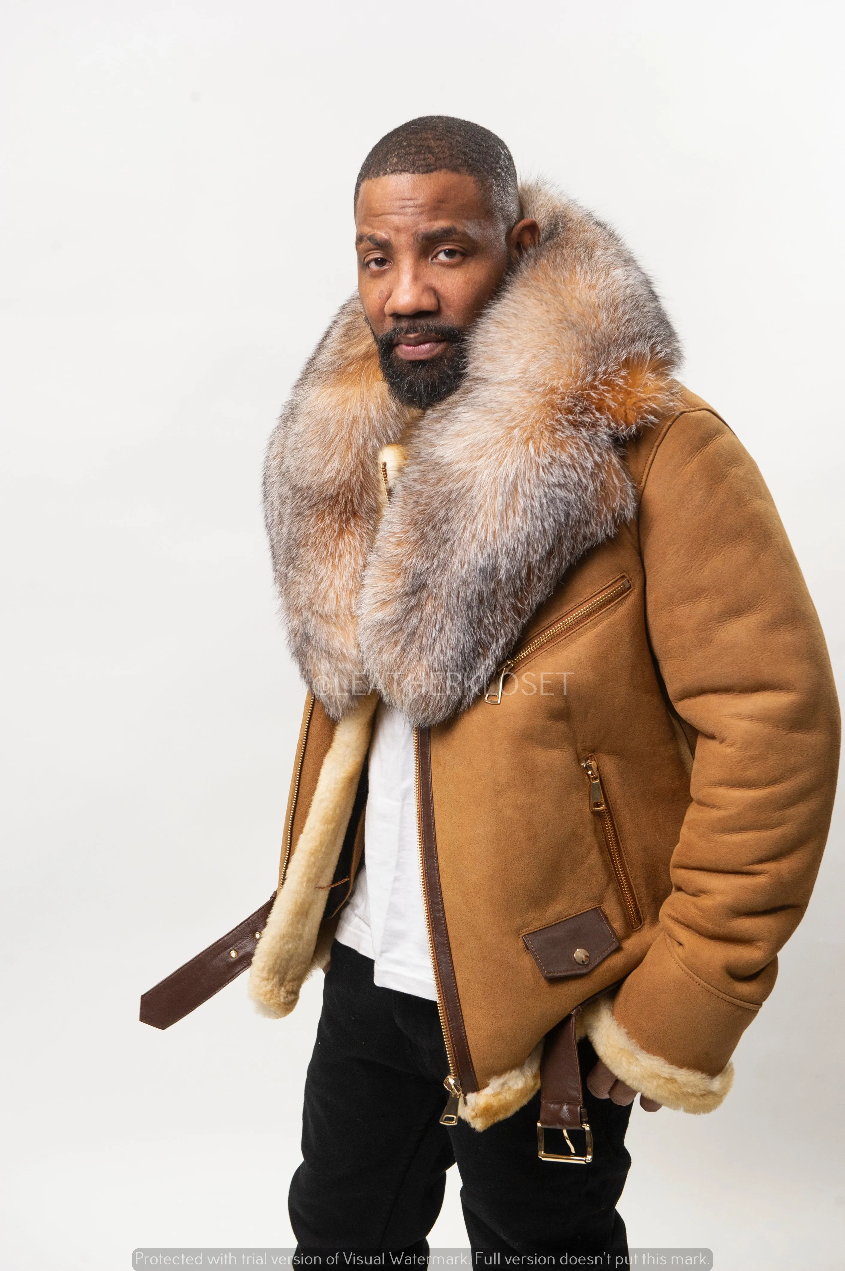 Men's Classic Sheepskin Shearling Biker With Fox Collar