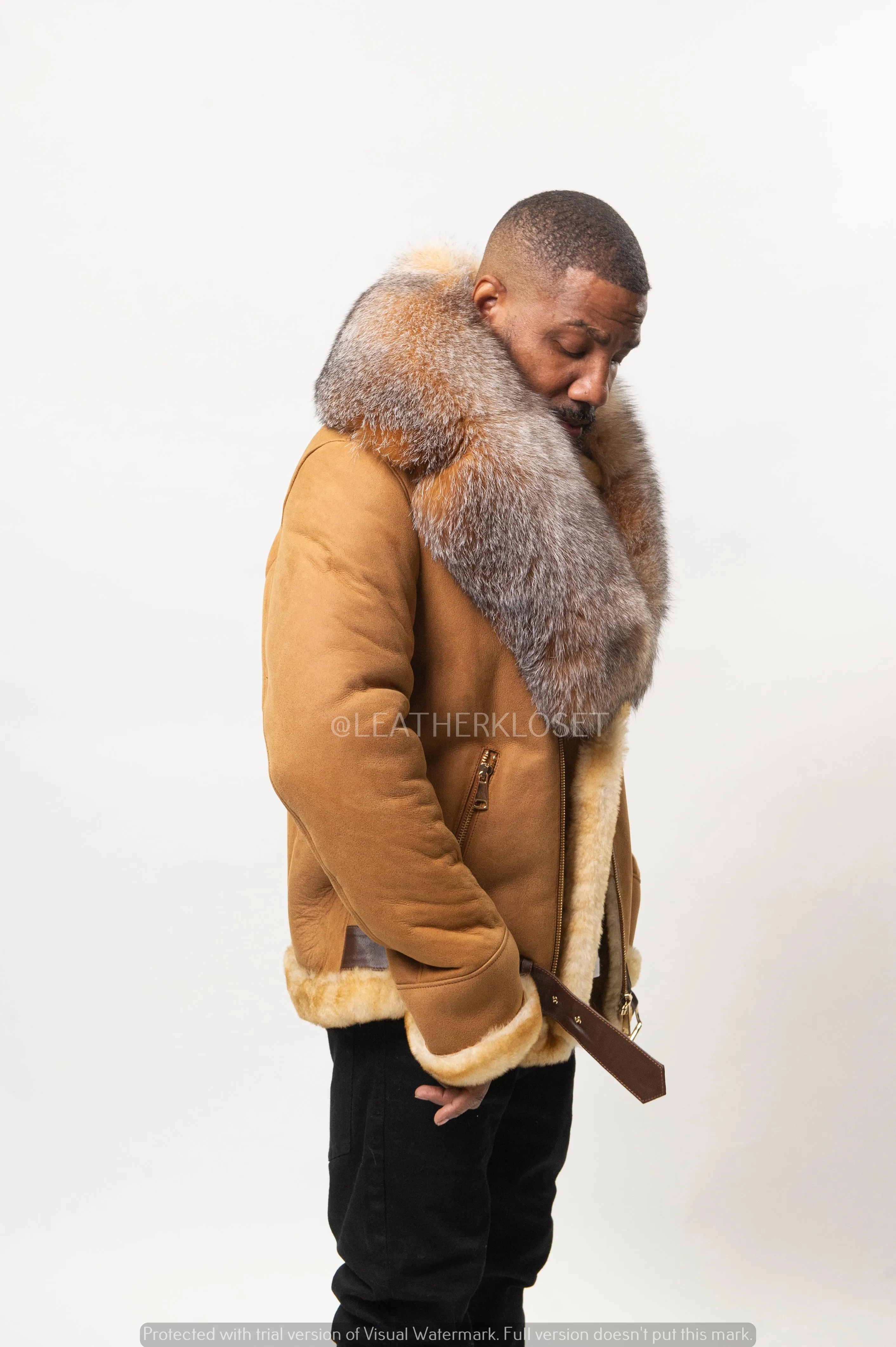 Men's Classic Sheepskin Shearling Biker With Fox Collar