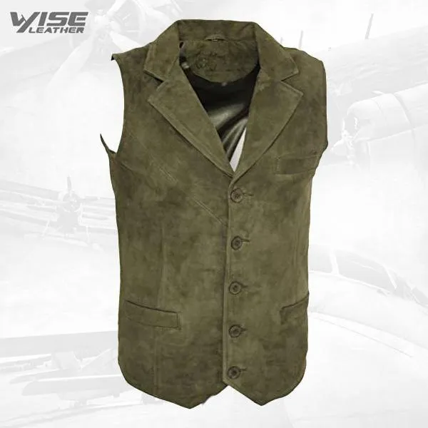 Men’s Khaki Suede Leather Waistcoat – Classic Style with Modern Fit