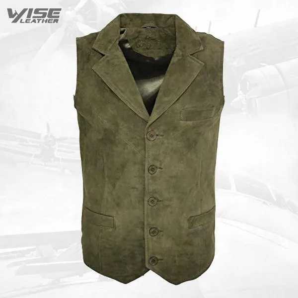 Men’s Khaki Suede Leather Waistcoat – Classic Style with Modern Fit