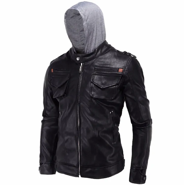 Men's Motorcycle Brando Style Biker Leather Jacket with Hood