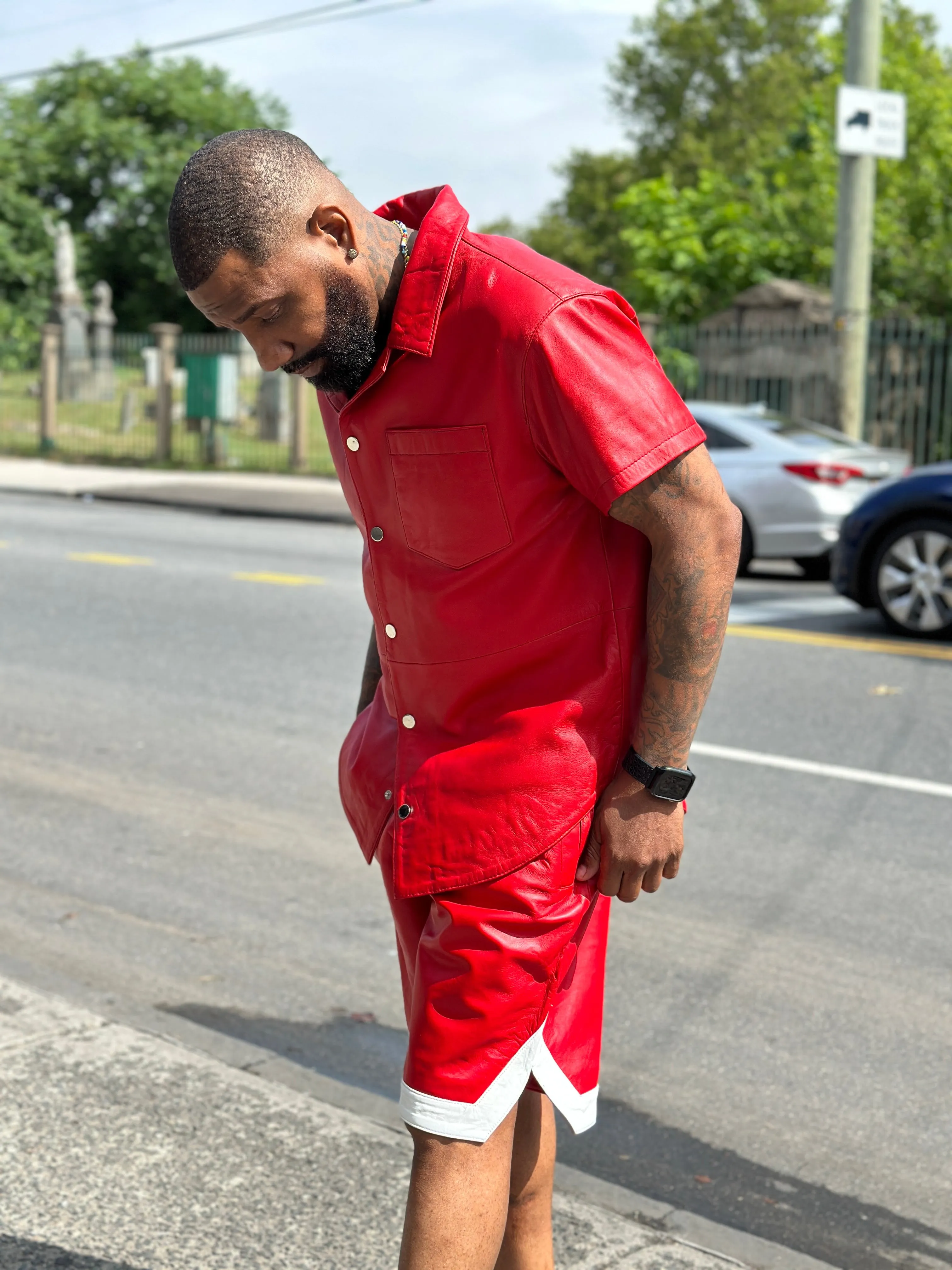 Men's Summer In Miami Leather Shirt And Shorts Set [Red]