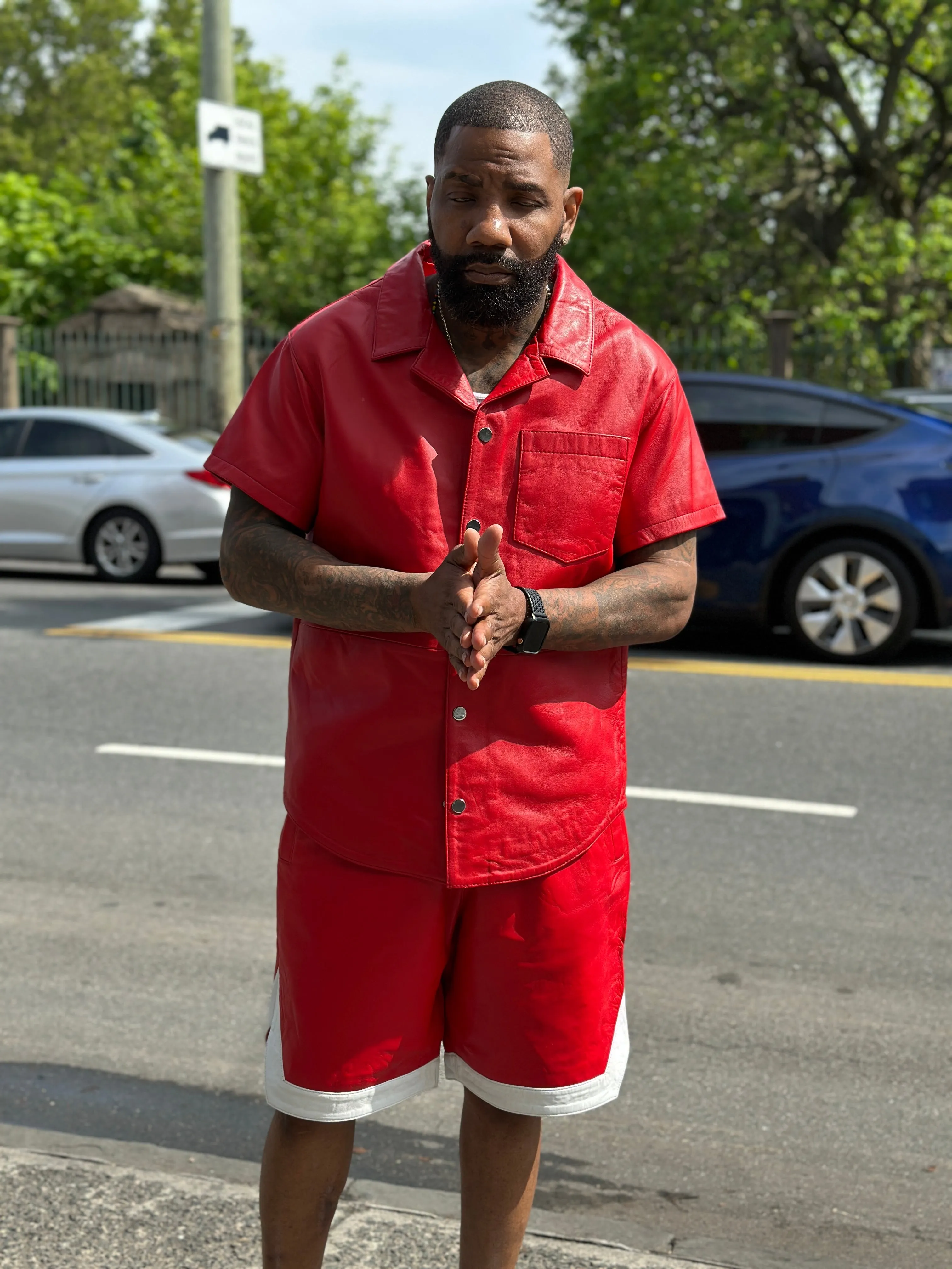 Men's Summer In Miami Leather Shirt And Shorts Set [Red]