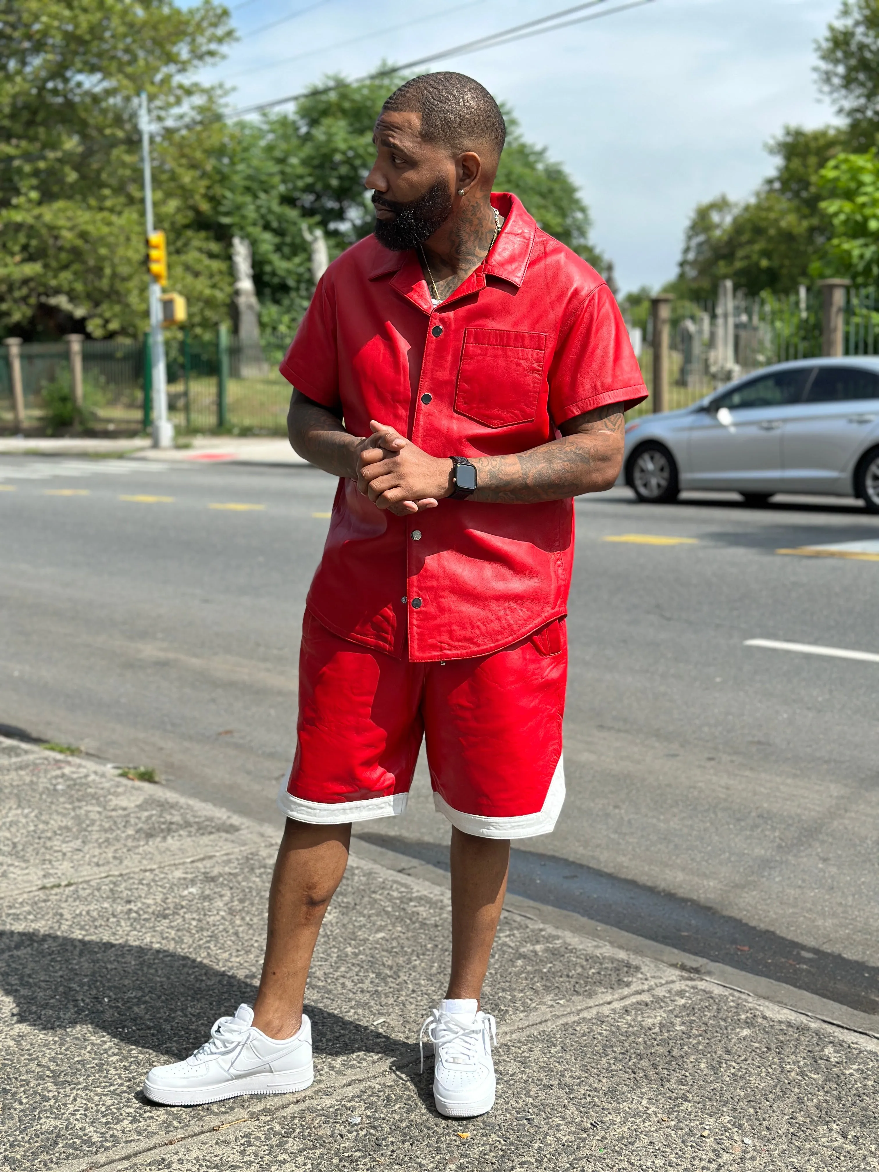 Men's Summer In Miami Leather Shirt And Shorts Set [Red]