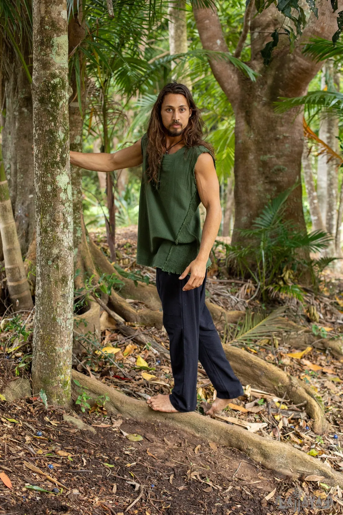 Mens Tank Top Handmade Green Neo Gypsy Sleeveless Earthy Top Shirt, Tribal Jungle Natural Savage Neck Festival Rave AJJAYA Nomadic Primitive