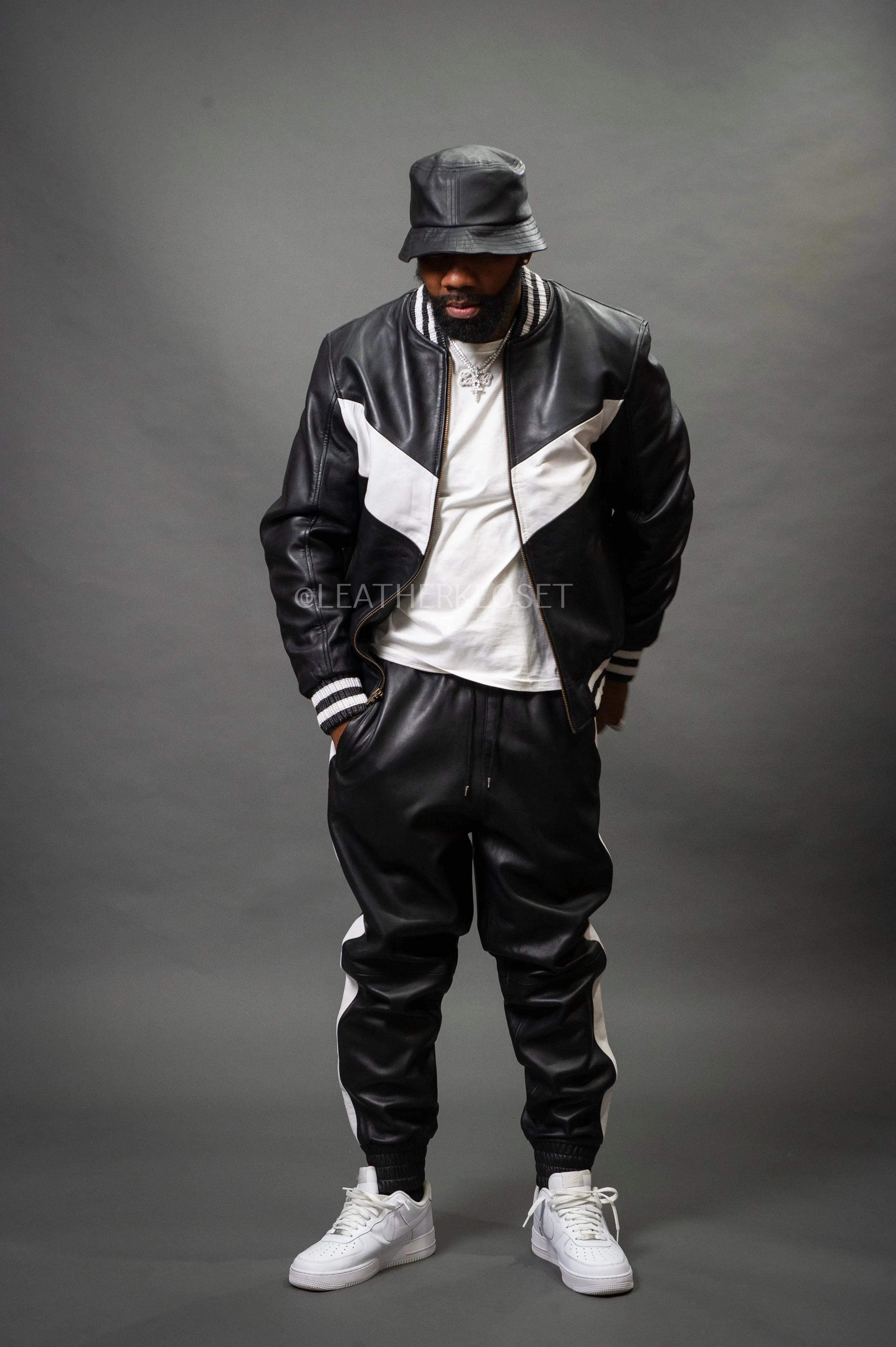 Men's V-Baseball Leather Track Suit Sweatsuit [Black/White]