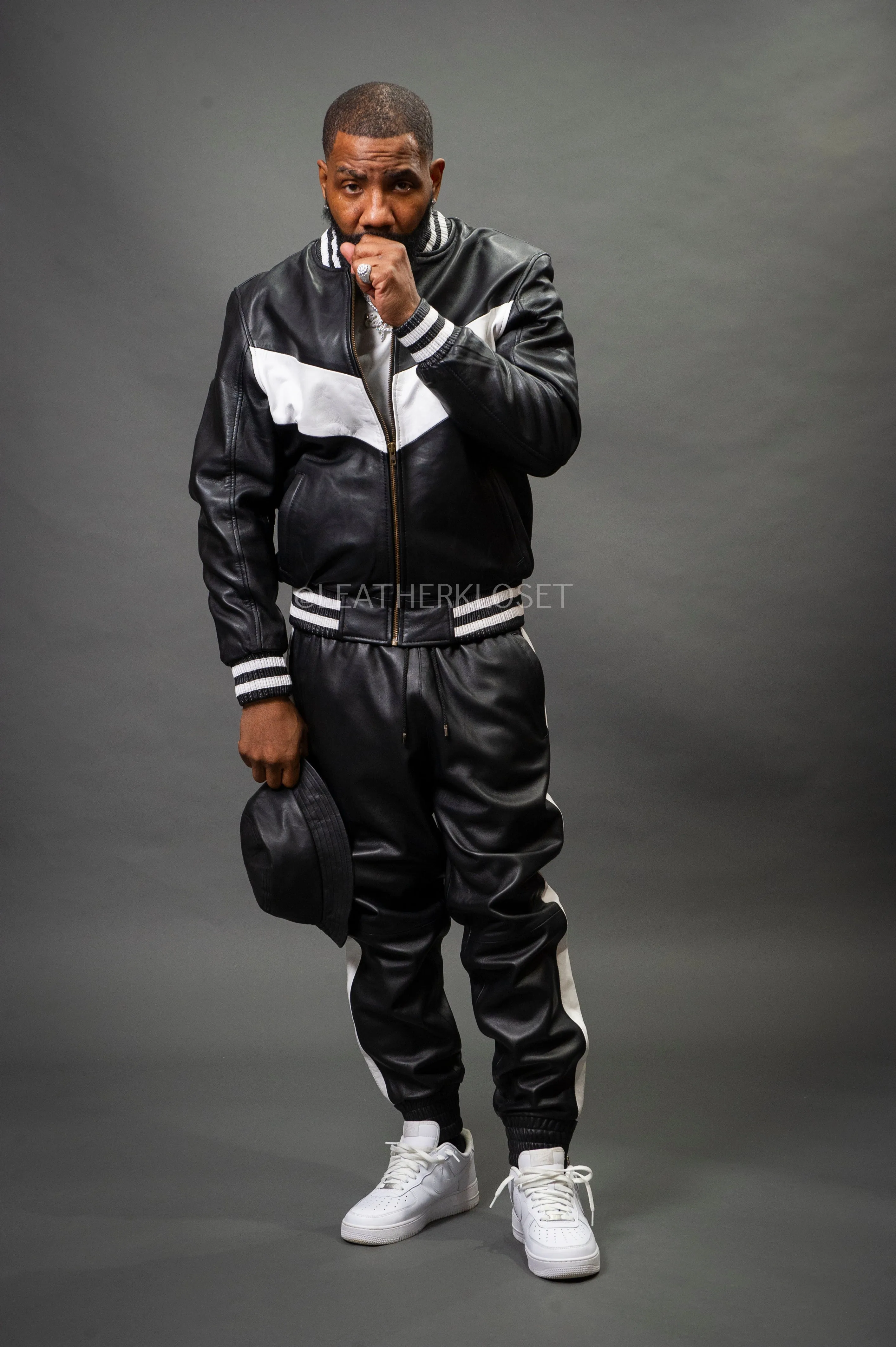 Men's V-Baseball Leather Track Suit Sweatsuit [Black/White]