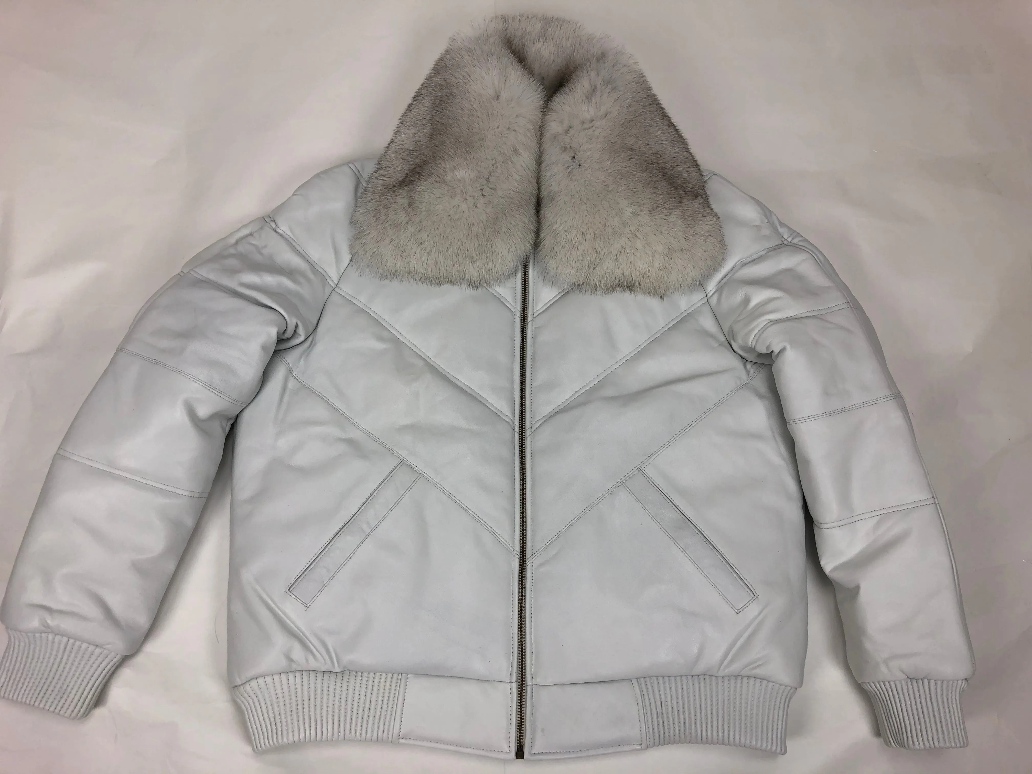 Men's V-Bomber White Premium Siberian Fox Collar