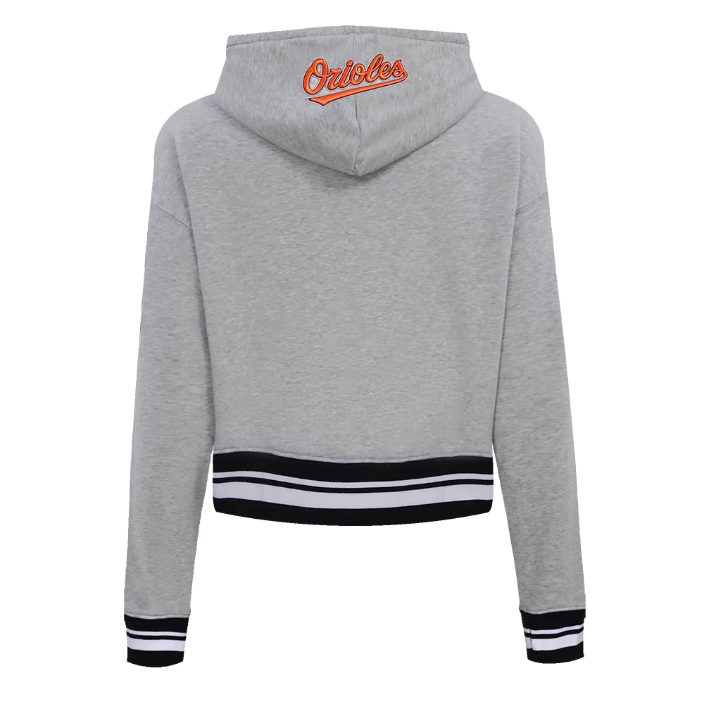 MLB BALTIMORE ORIOLES SCRIPT TAIL WOMEN'S RIB FLC CROPPED PO HOODIE (HEATHER GRAY/BLACK)