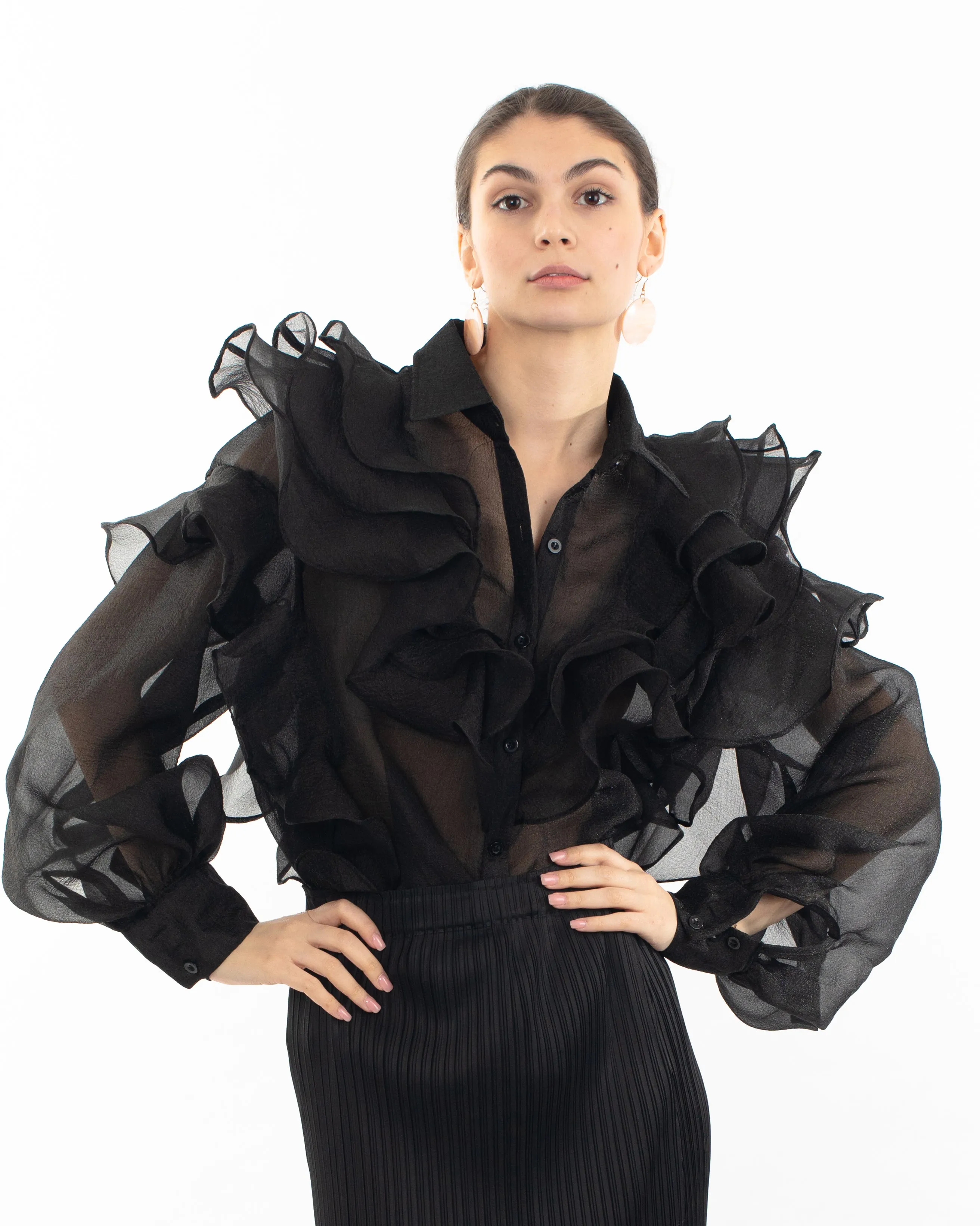 Multi Layer ruffles design sheer organza  shirt in Black