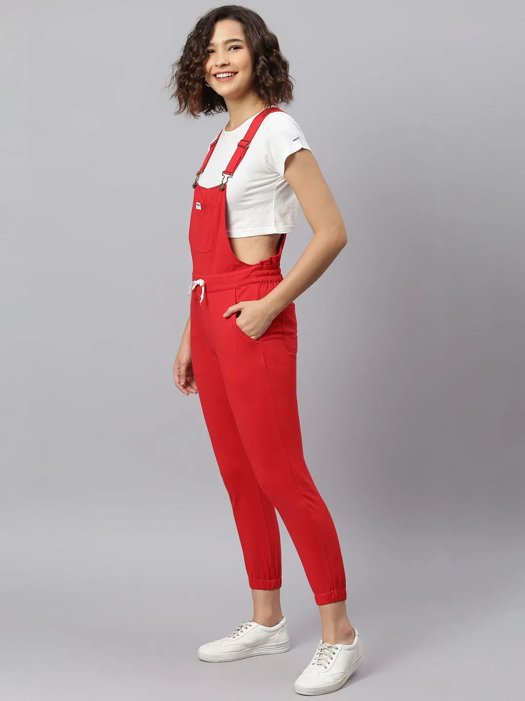 NaughtyDungaree® Cherry-Red Cotton Jersey Women Dungaree with Contrast String on Waist