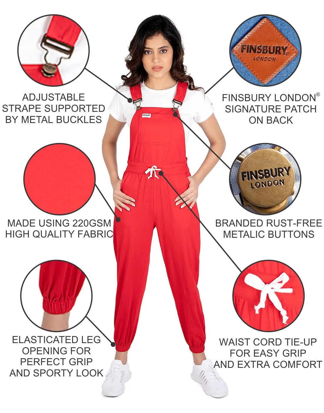 NaughtyDungaree® Cherry-Red Cotton Jersey Women Dungaree with Contrast String on Waist