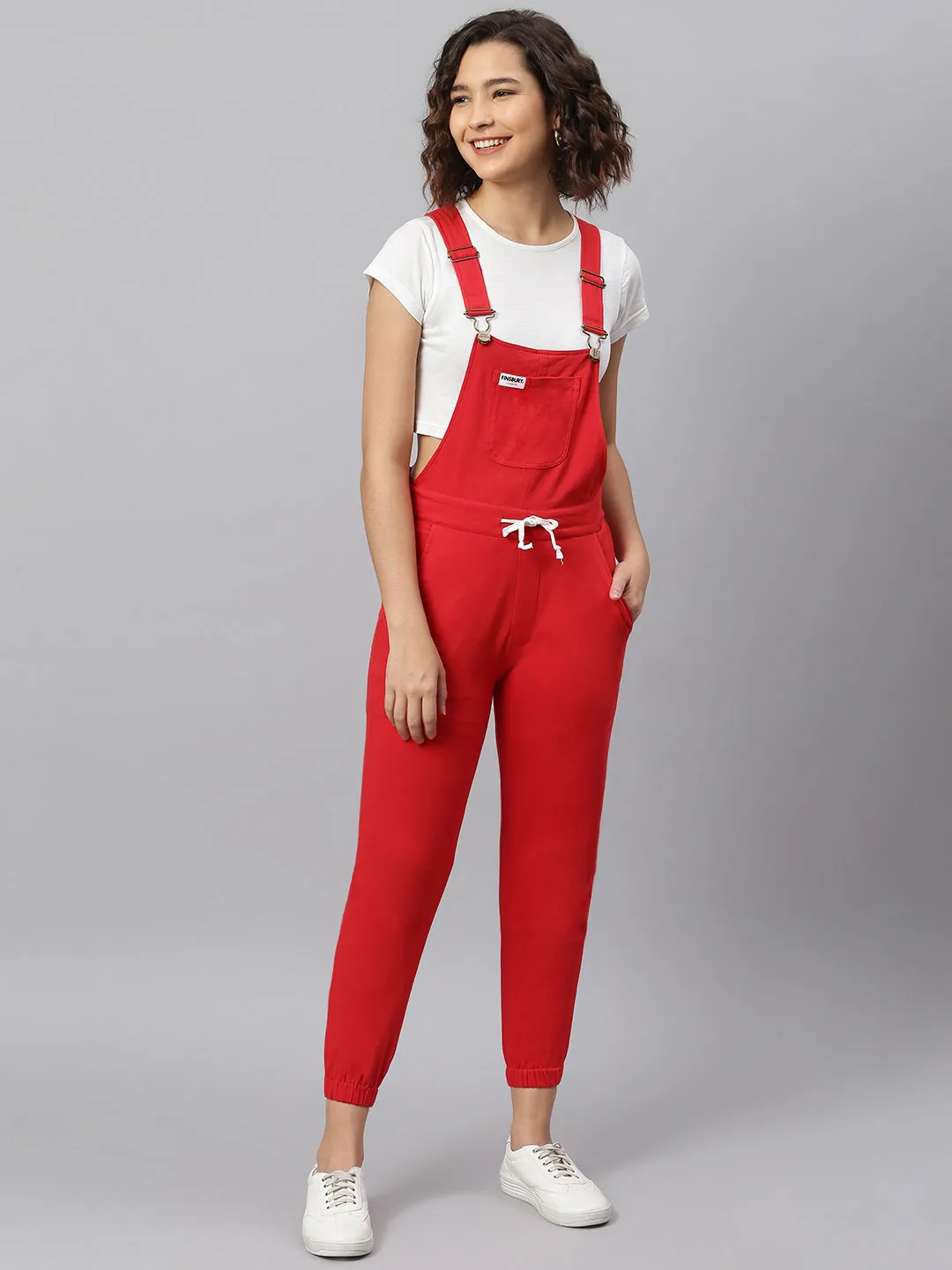 NaughtyDungaree® Cherry-Red Cotton Jersey Women Dungaree with Contrast String on Waist