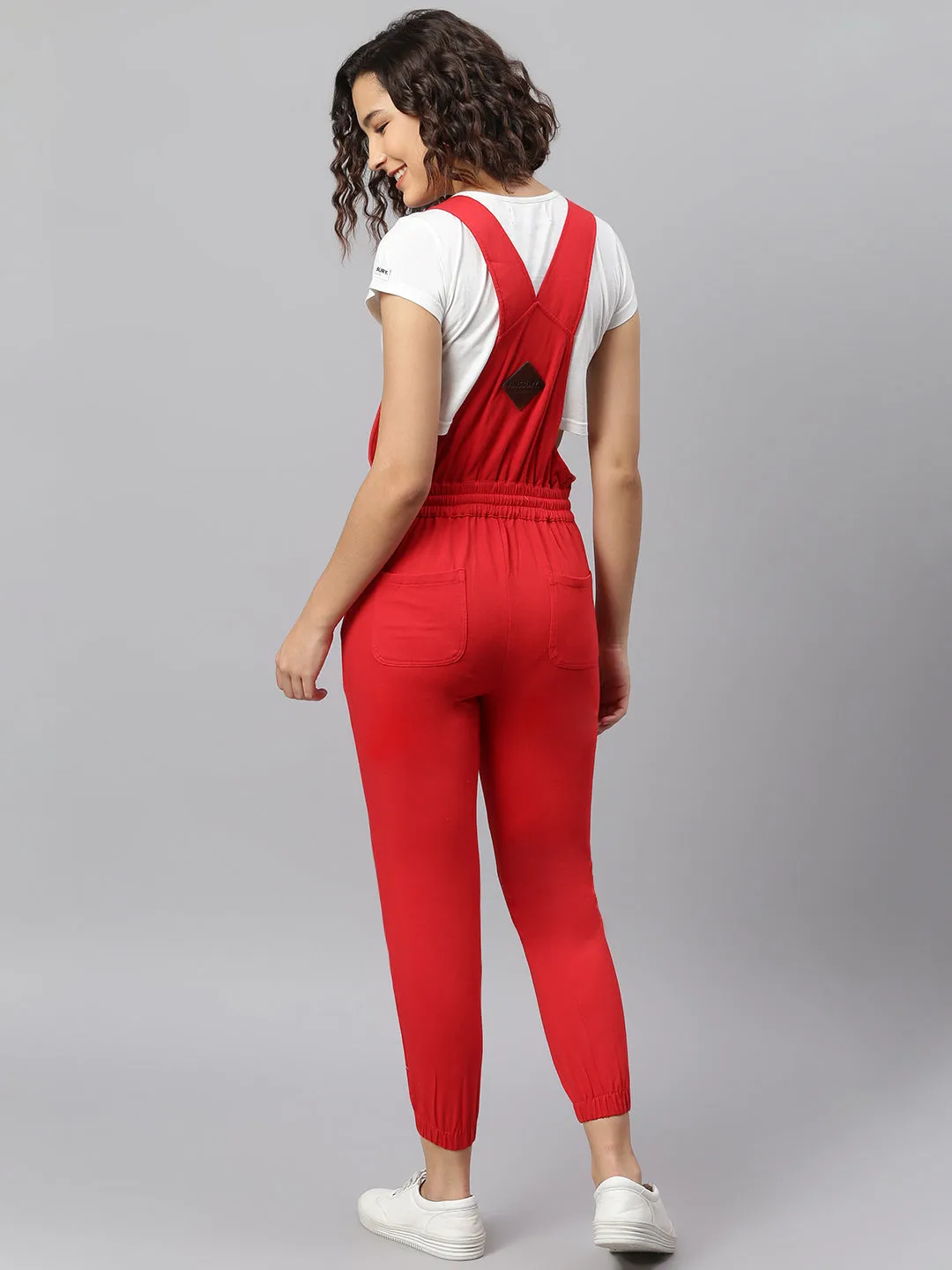 NaughtyDungaree® Cherry-Red Cotton Jersey Women Dungaree with Contrast String on Waist