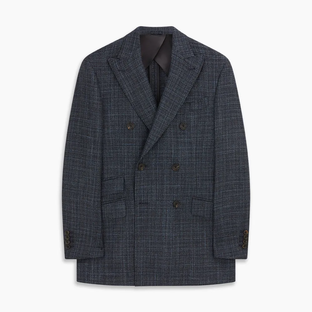 Navy Check Wool and Cashmere Blend Double Breasted Bertie Blazer