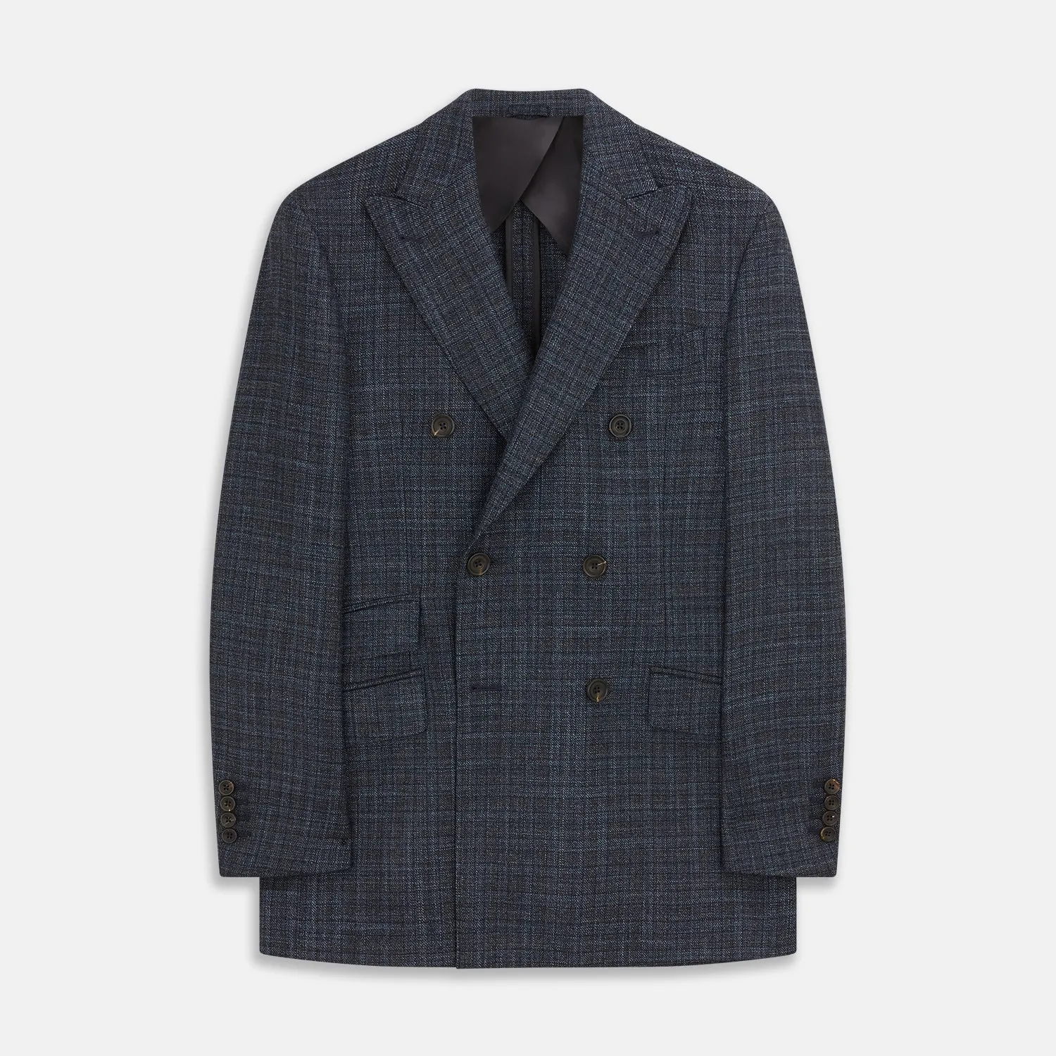 Navy Check Wool and Cashmere Blend Double Breasted Bertie Blazer