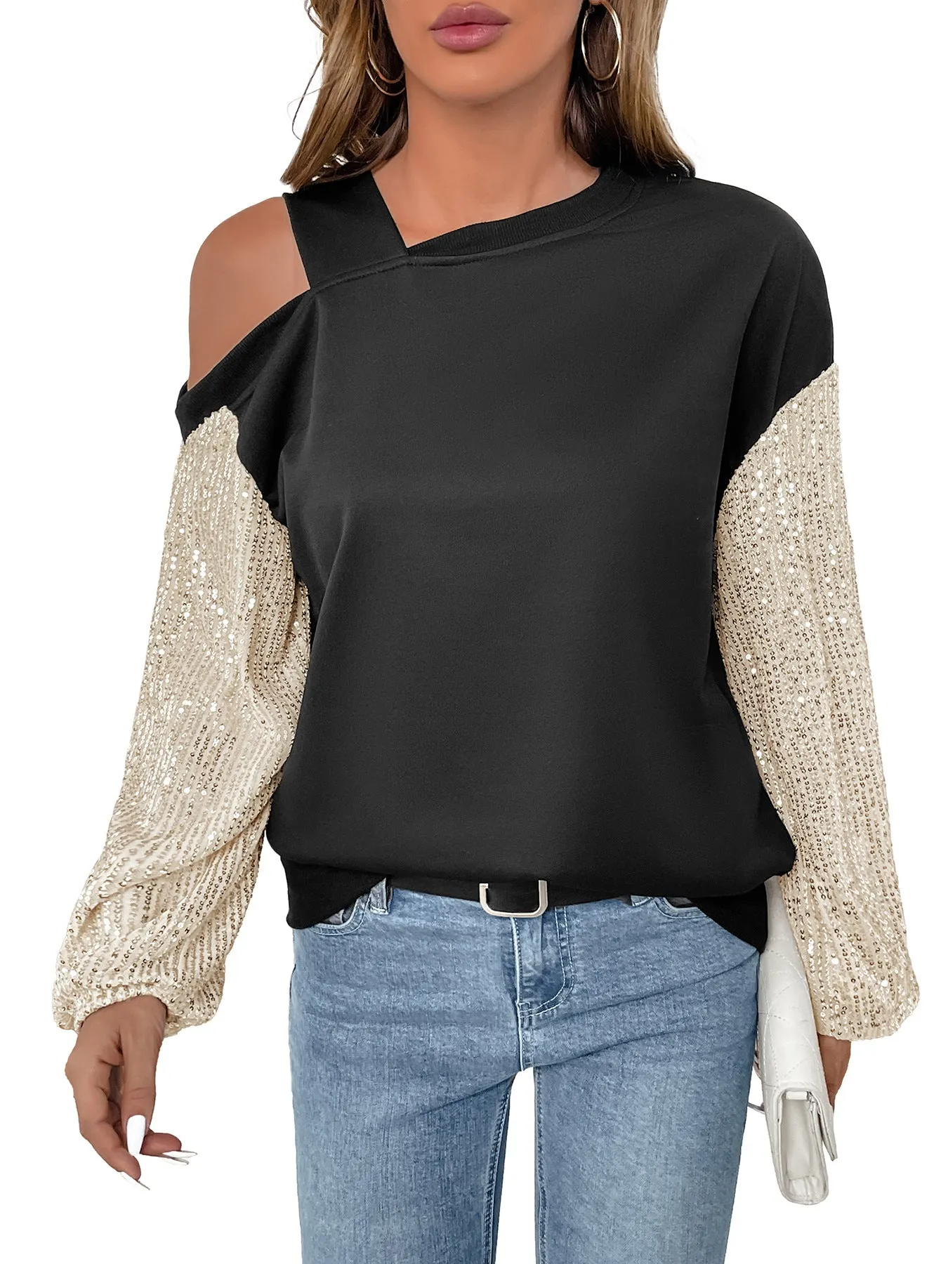 New Long Sleeve Sequined off-Shoulder Multicolor Hoodie Women