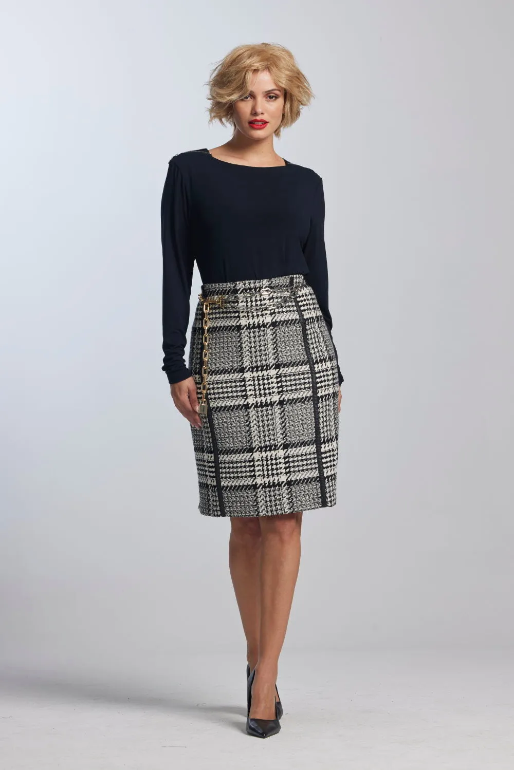 Paula Ryan Leather Trim Check Pencil Skirt