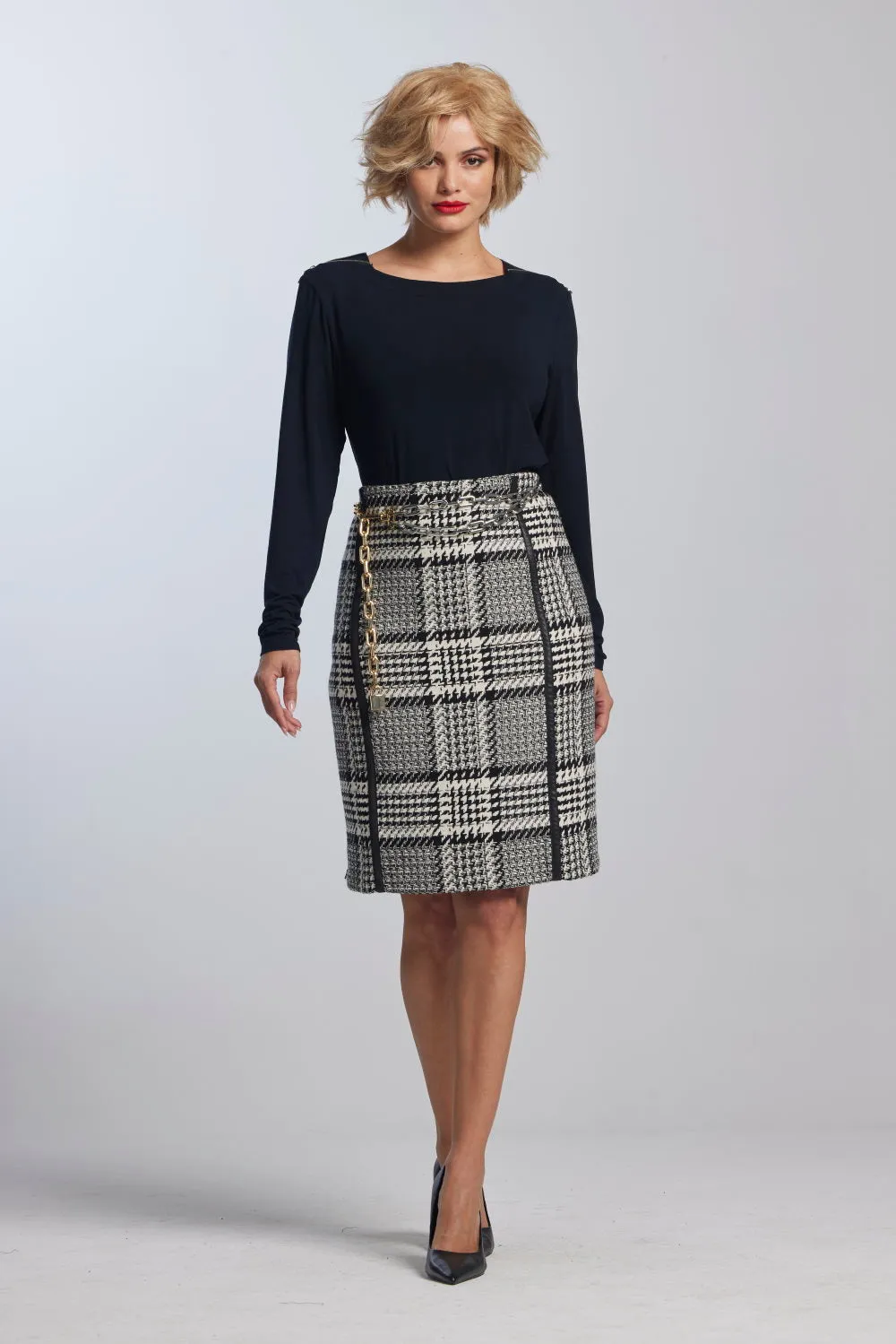 Paula Ryan Leather Trim Check Pencil Skirt