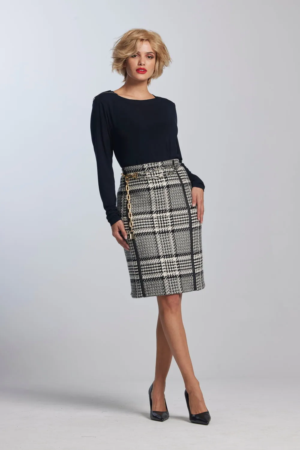 Paula Ryan Leather Trim Check Pencil Skirt