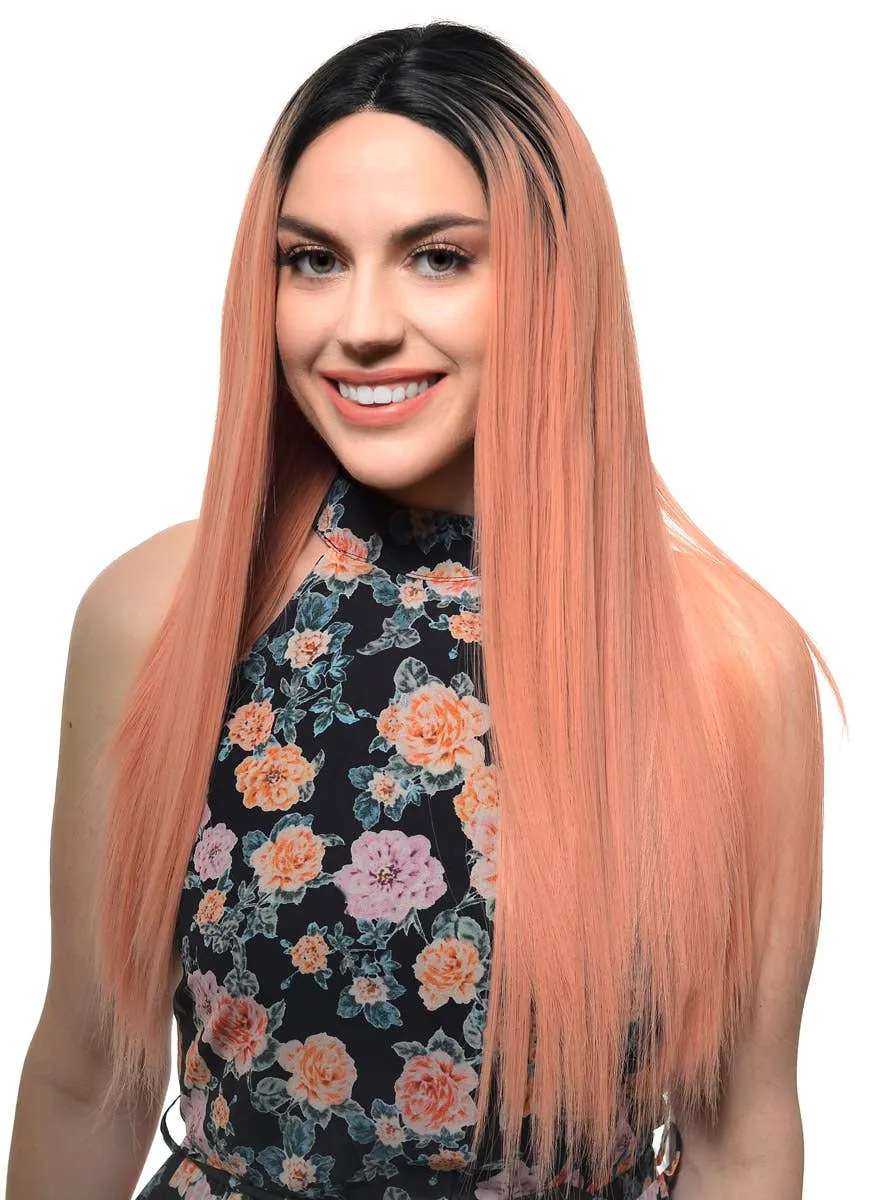 Peach Pink Rooted Long Straight Lace Front Fashion Wig