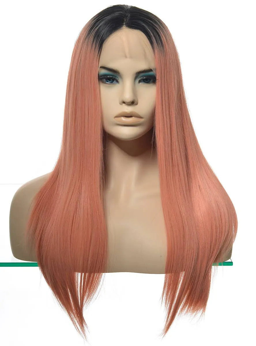 Peach Pink Rooted Long Straight Lace Front Fashion Wig