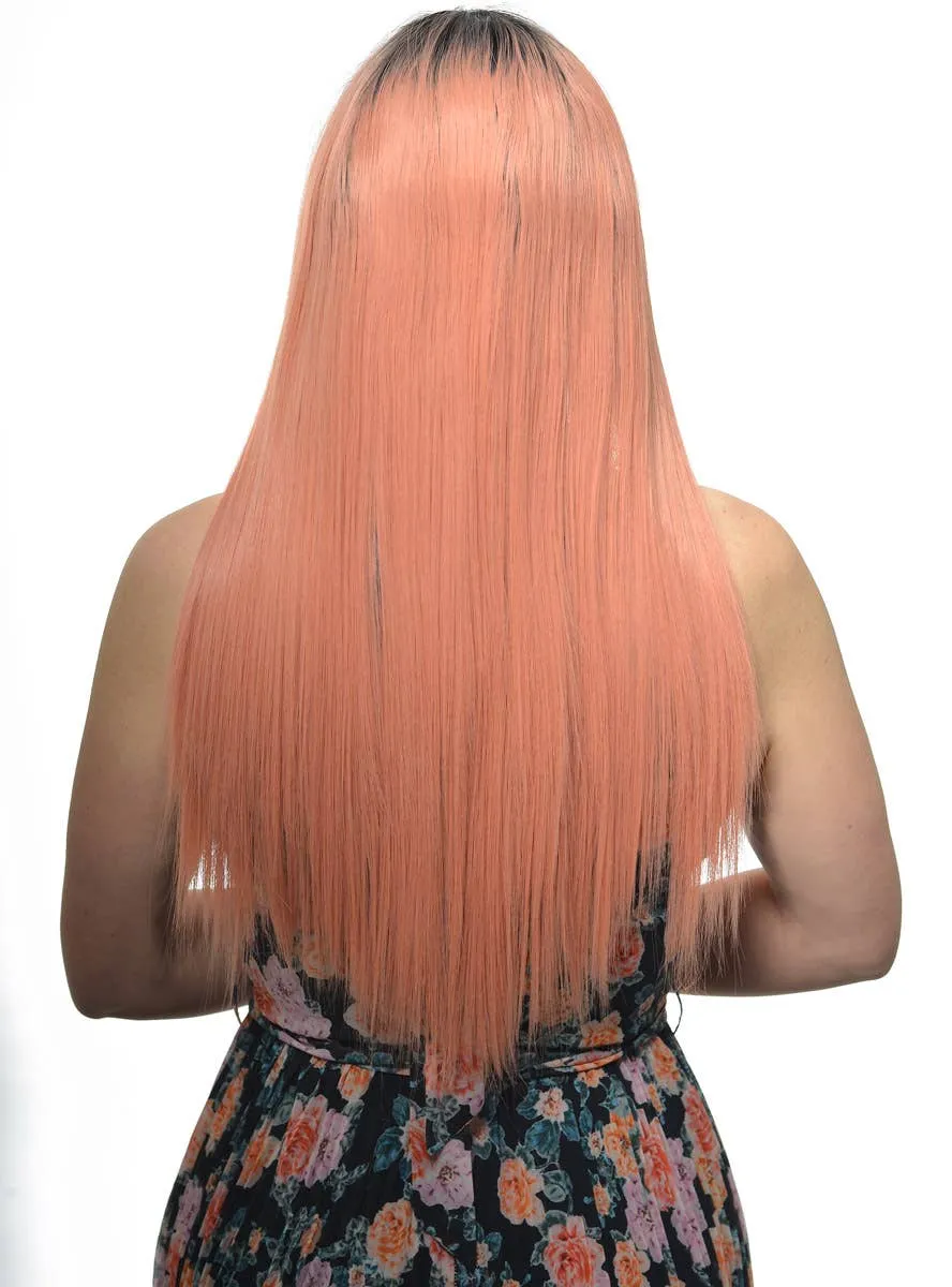 Peach Pink Rooted Long Straight Lace Front Fashion Wig