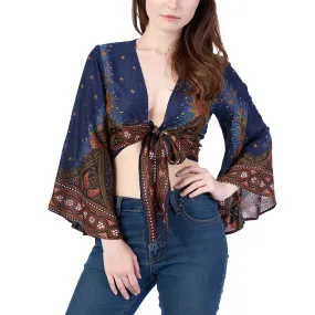 Peacock Women Boho Wrap Top - Casual Shirt - Dark Blue