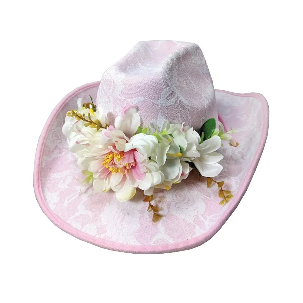 Pink Lacy Festival Cowboy Hat with Flowers