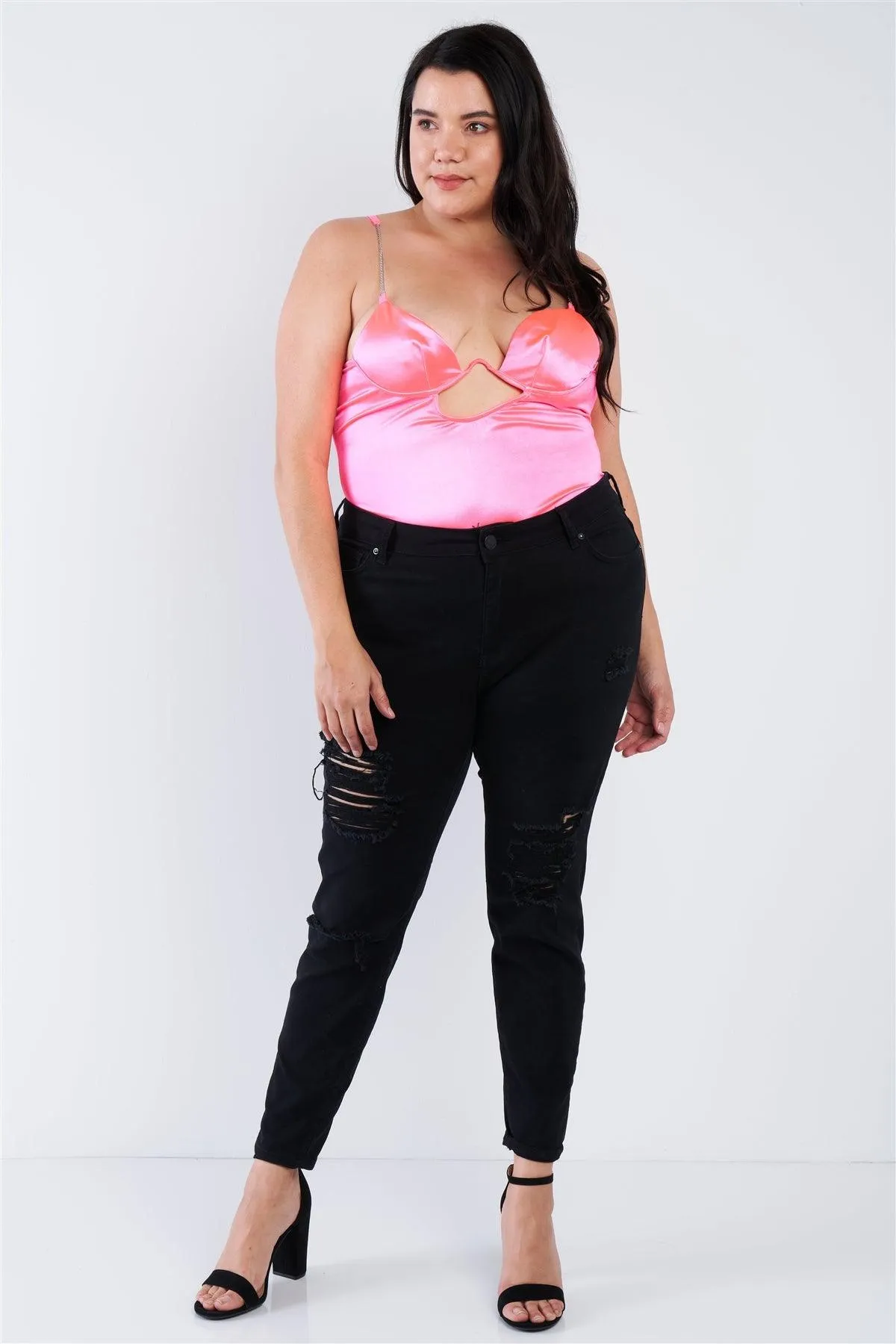 Plus Size Neon Pink Silk Chain Spaghetti Strap High Thong Center Cut Out Bodysuit   /2-2-2