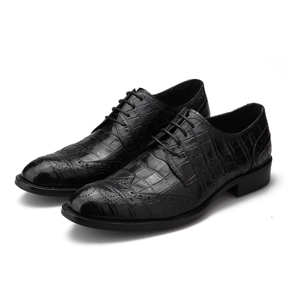 Pointed Toe Full Brogue Oxford for Men Formal Shoes Lace Up Style Premium Genuine Leather Burnished Toe Wingtip Carving Block Heel