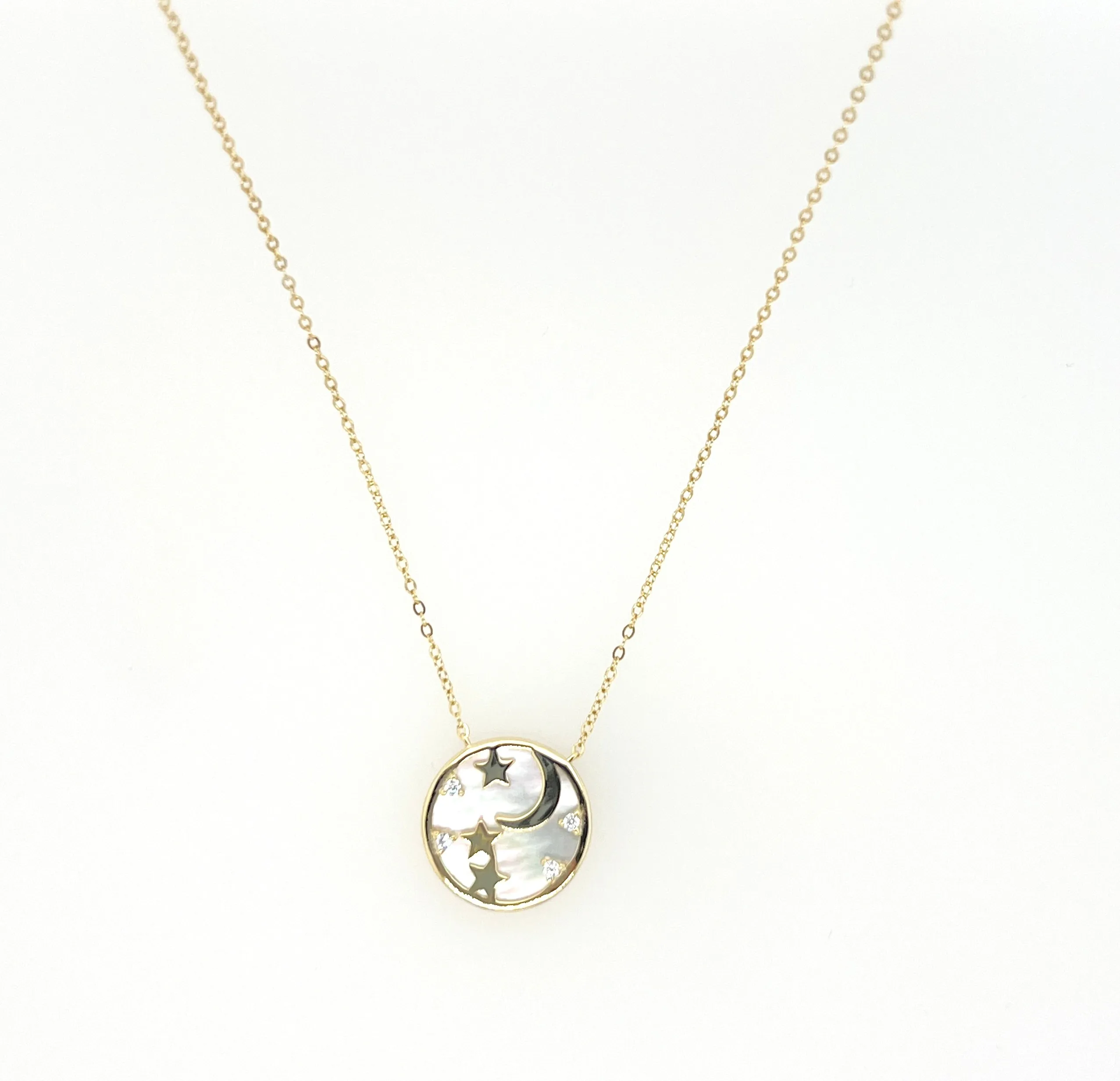 "MILKY WAY" MOP MOON/STAR MEDALLION CZ NECKLACE